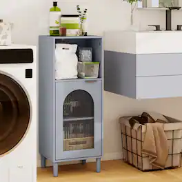 Costway - Bathroom Floor Cabinet with Adjustable Shelf, Single Tempered Glass Door, Wood Legs - Gray