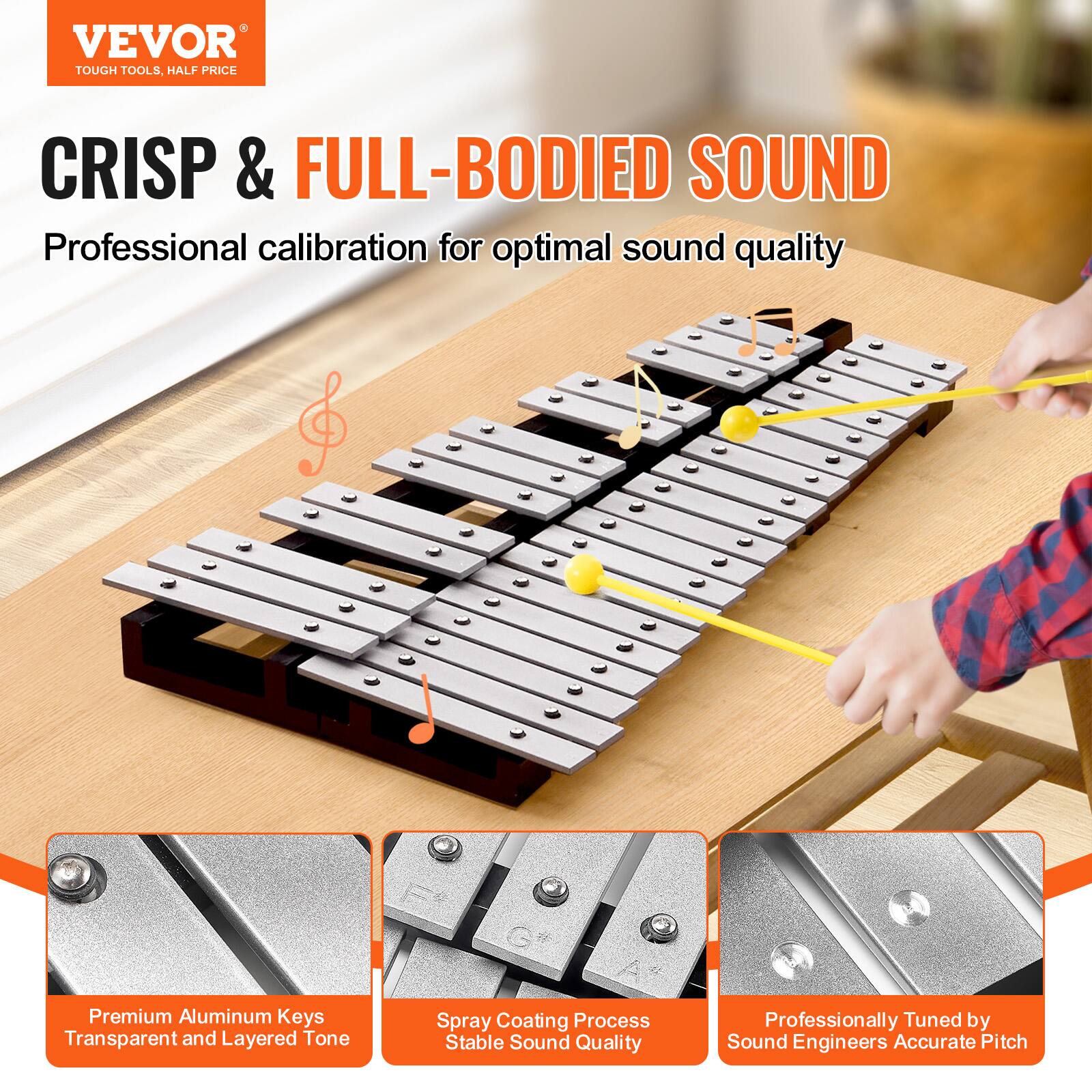 VEVOR  
TOUGH TOOLS, HALF PRICE  

CRISP & FULL-BODIED SOUND  
Professional calibration for optimal sound quality  

- Premium Aluminum Keys  
  Transparent and Layered Tone  

- Spray Coating Process  
  Stable Sound Quality  

- Professionally Tuned by Sound Engineers  
  Accurate Pitch
