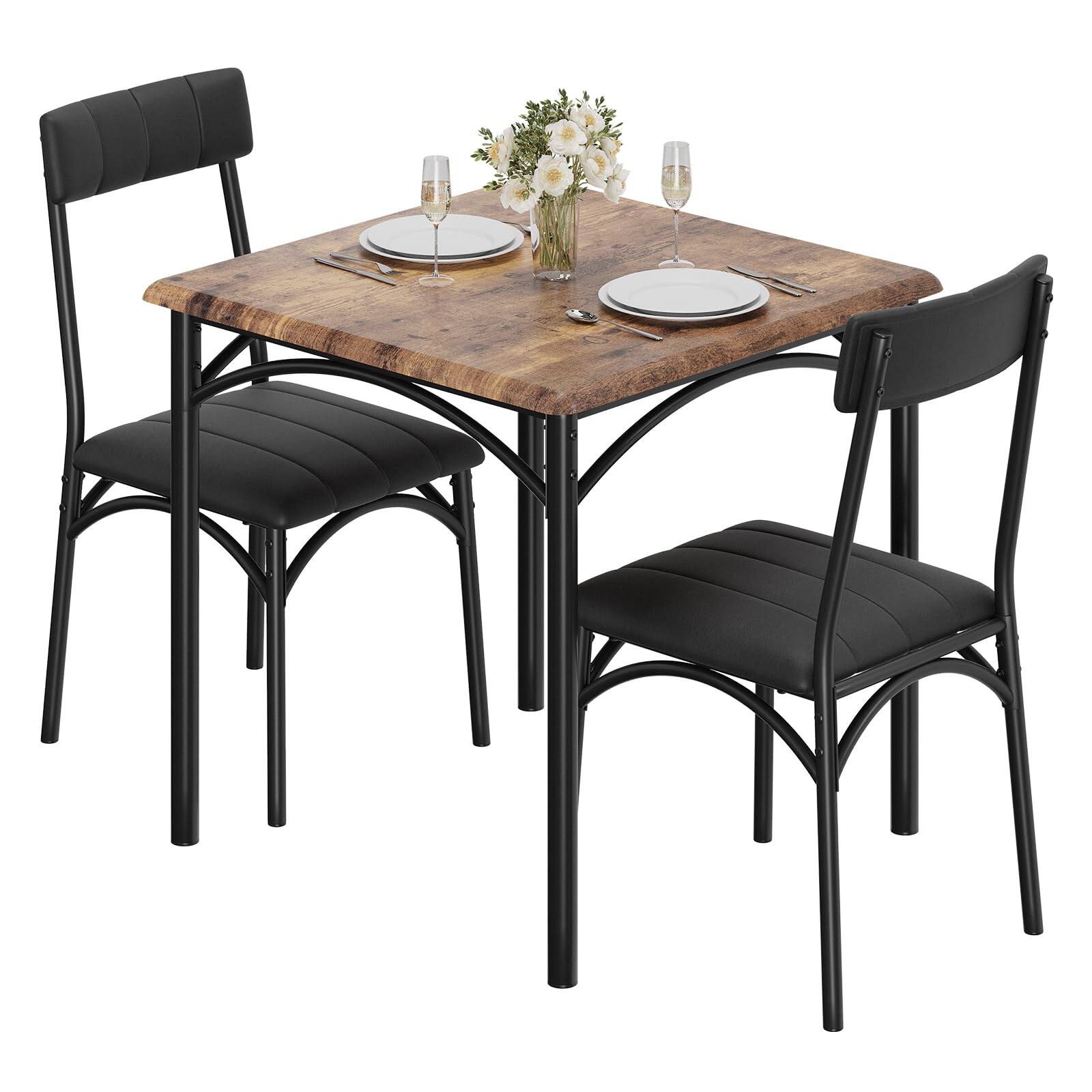 Front. Acekool - Dining Table Set, 1 Table and 2 Upholstered Chairs, for Breakfast Nooks and Small Dining Rooms, Ideal for Kitchen - Brown.