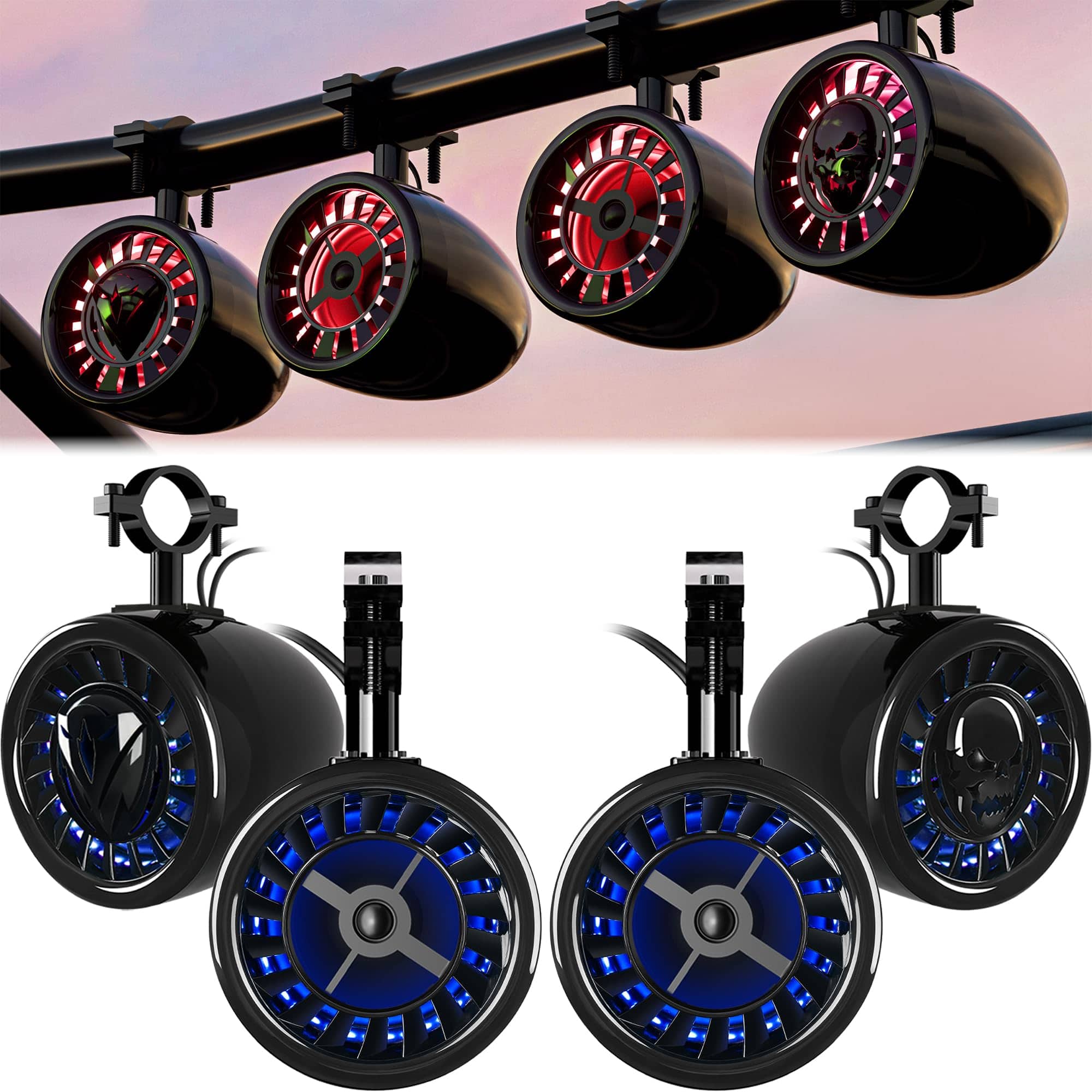 GoHawk - Bluetooth UTV Speaker System, 4-Speaker Waterproof Stereo Amplifier w/ 5" LED Speaker, FM Radio USB for Polaris, Can-Am - Black