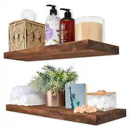 Sorbus - 2 Pack 16" Solid Wood Floating Shelves - for Bathroom Decor, Books, Bedroom & Living Room - Brown