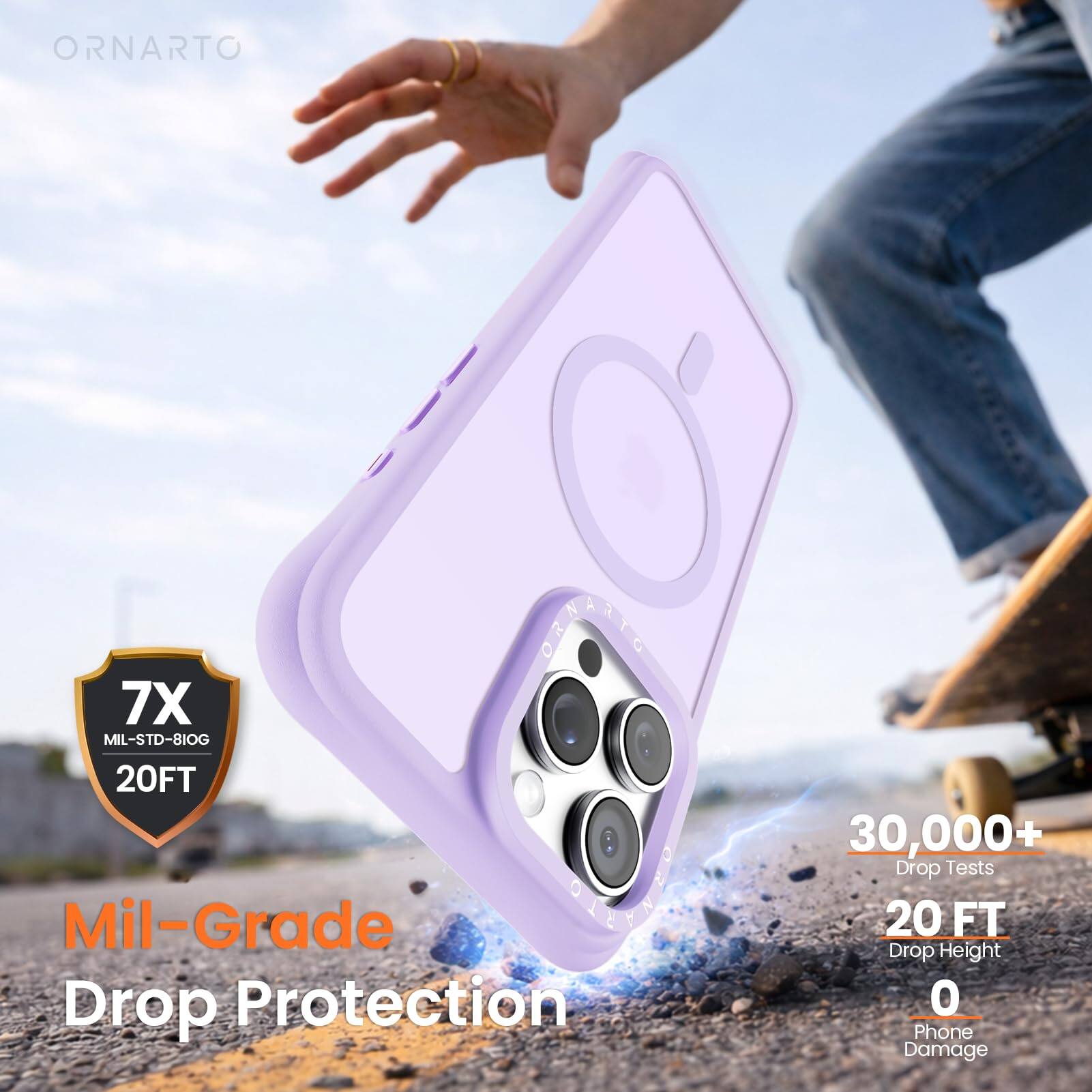 ORNARTO  
7X MIL-STD-810G 20FT  
Mil-Grade C Drop Protection  
30,000+ Drop Tests  
20 FT Drop Height  
0 Phone Damage