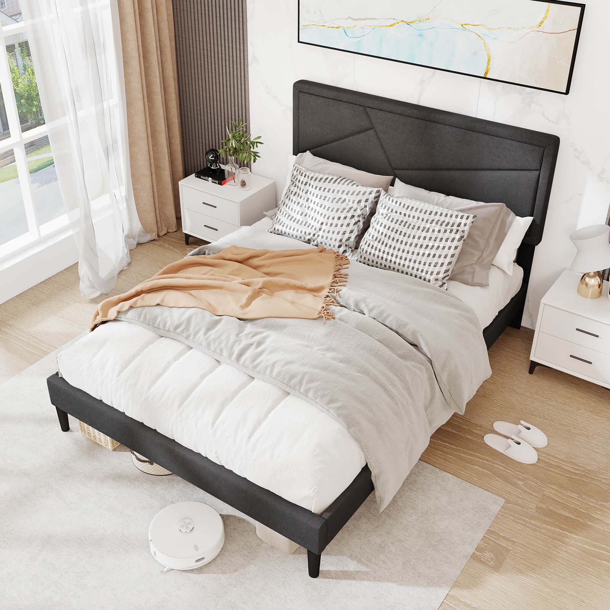 Alt View 4. Costway - Full Size Bed Frame with High Headboard & Wooden Slats No Box Spring Needed - Gray.