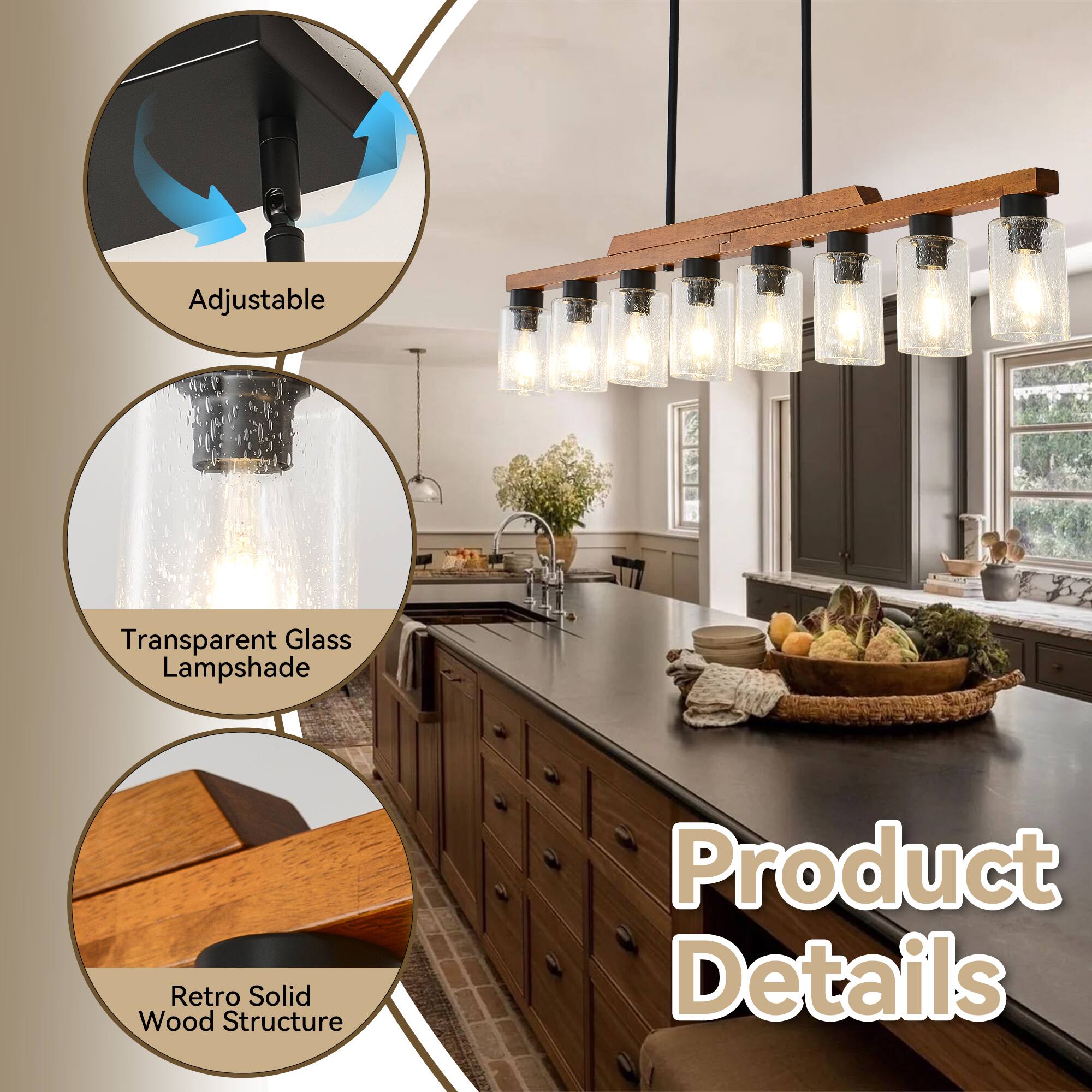 Adjustable  
Transparent Glass Lampshade  
Retro Solid Wood Structure  

Product Details