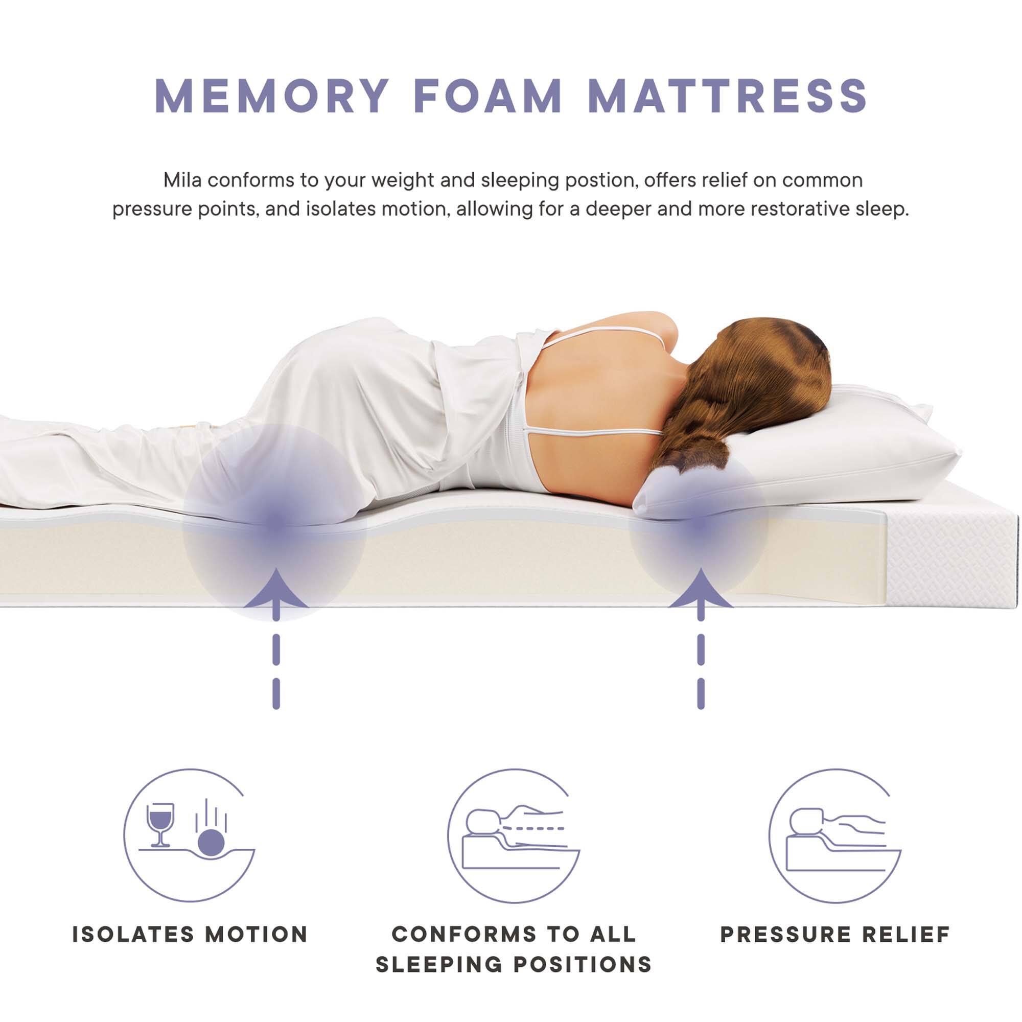 MEMORY FOAM MATTRESS

Mila conforms to your weight and sleeping position, offers relief on common pressure points, and isolates motion, allowing for a deeper and more restorative sleep.

- ISOLATES MOTION
- CONFORMS TO ALL SLEEPING POSITIONS
- PRESSURE RELIEF