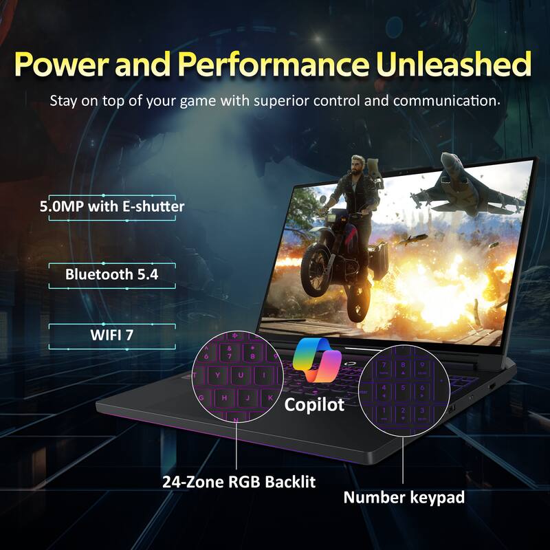 Power and Performance Unleashed  
Stay on top of your game with superior control and communication.  

5.0MP with E-shutter  
Bluetooth 5.4  
WIFI 7  

Copilot  
24-Zone RGB Backlit  
Number keypad
