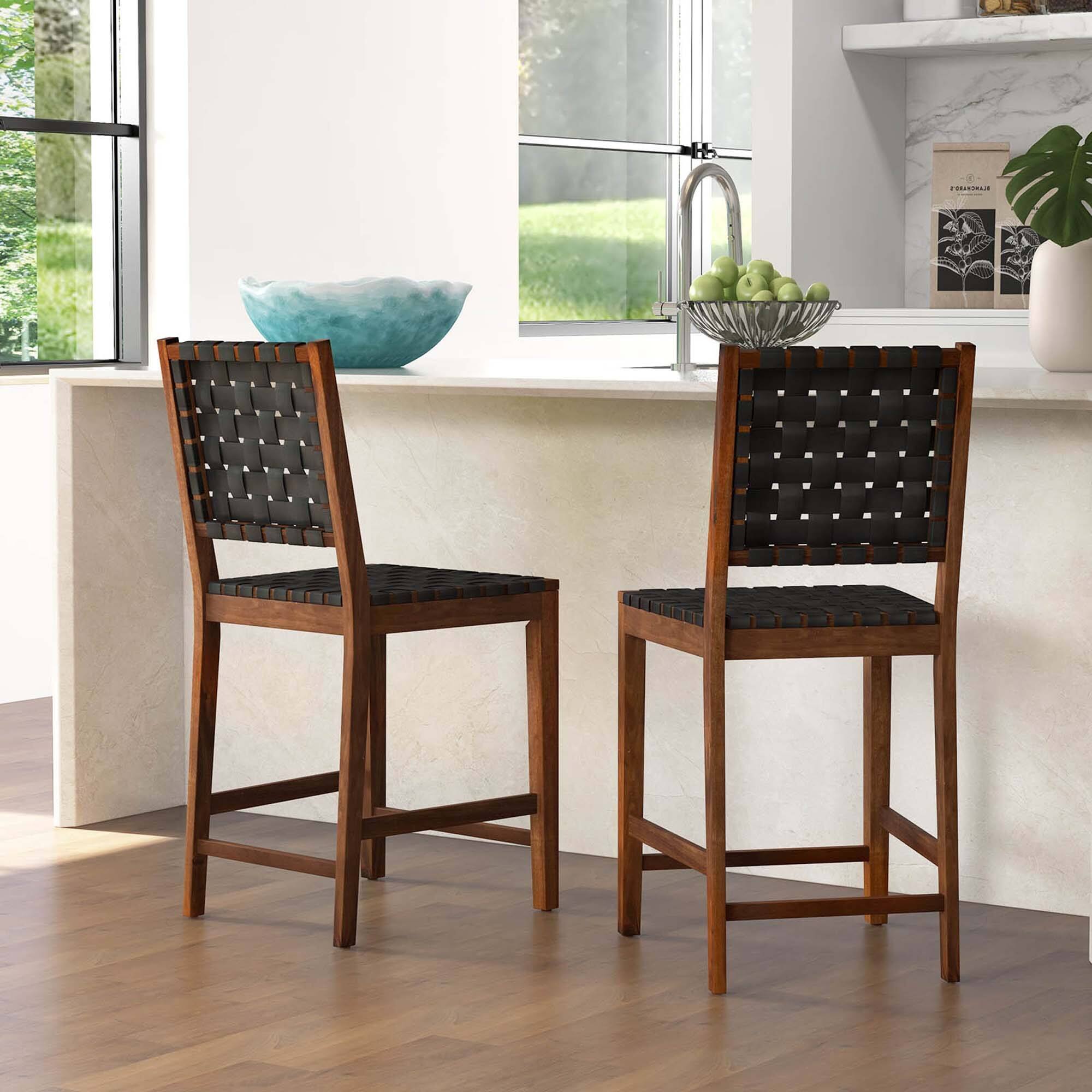 Alt View 3. Costway - Woven Bar Stools Set of 2 Counter Height Dining Chairs Faux PU Leather Kitchen - Brown/Black.