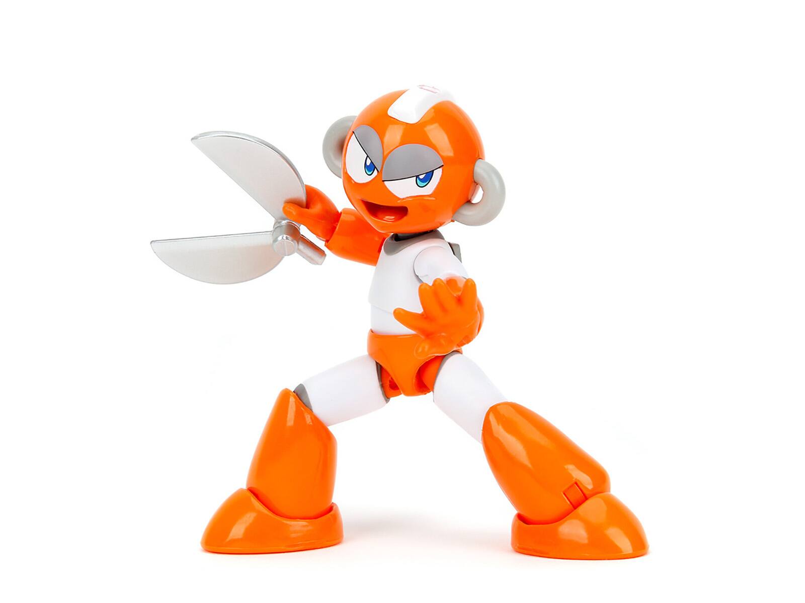 Left. Jada - Cut Man 4.5" Moveable Figure with Accessories and Alternate Head and Hands "Mega Man" (1987) Video Game Model by Jada - White with Orange.