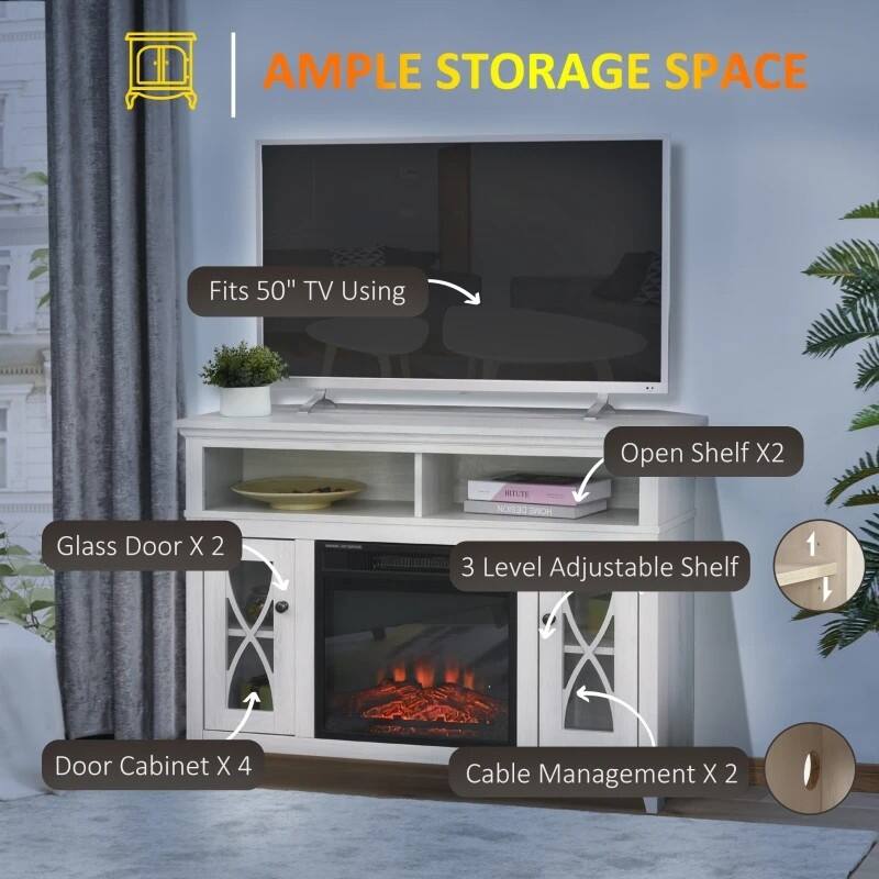 - AMPLE STORAGE SPACE
- Fits 50" TV Using
- Open Shelf X2
- Glass Door X 2
- Door Cabinet X 4
- 3 Level Adjustable Shelf
- Cable Management X 2