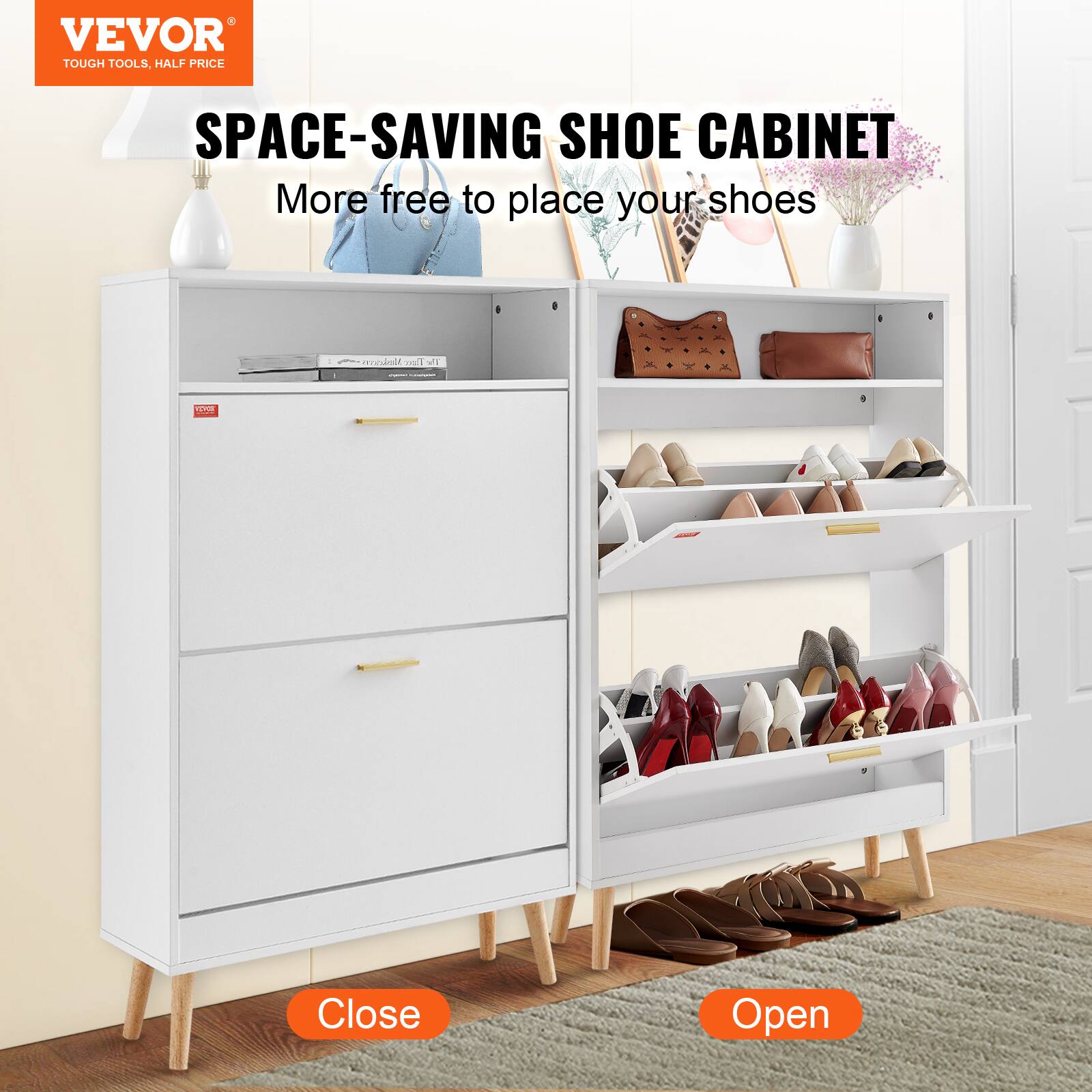 VEVOR TOUGH TOOLS. HALF PRICE SPACE-SAVING SHOE CABINET More free to place your shoes Close Open
