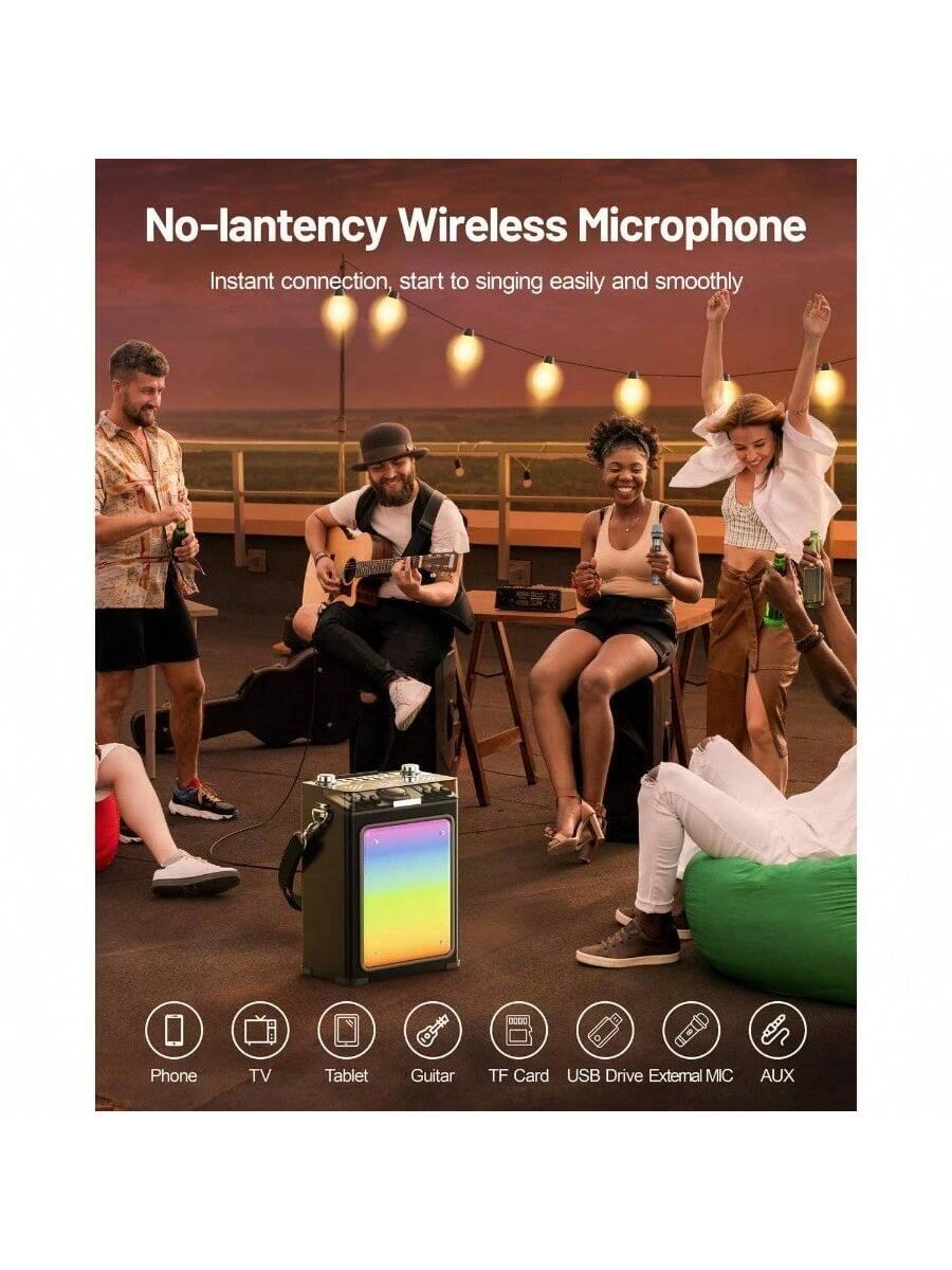 No-latency Wireless Microphone  
Instant connection, start to singing easily and smoothly  

Phone  
TV  
Tablet  
Guitar  
TF Card  
USB Drive  
External MIC  
AUX