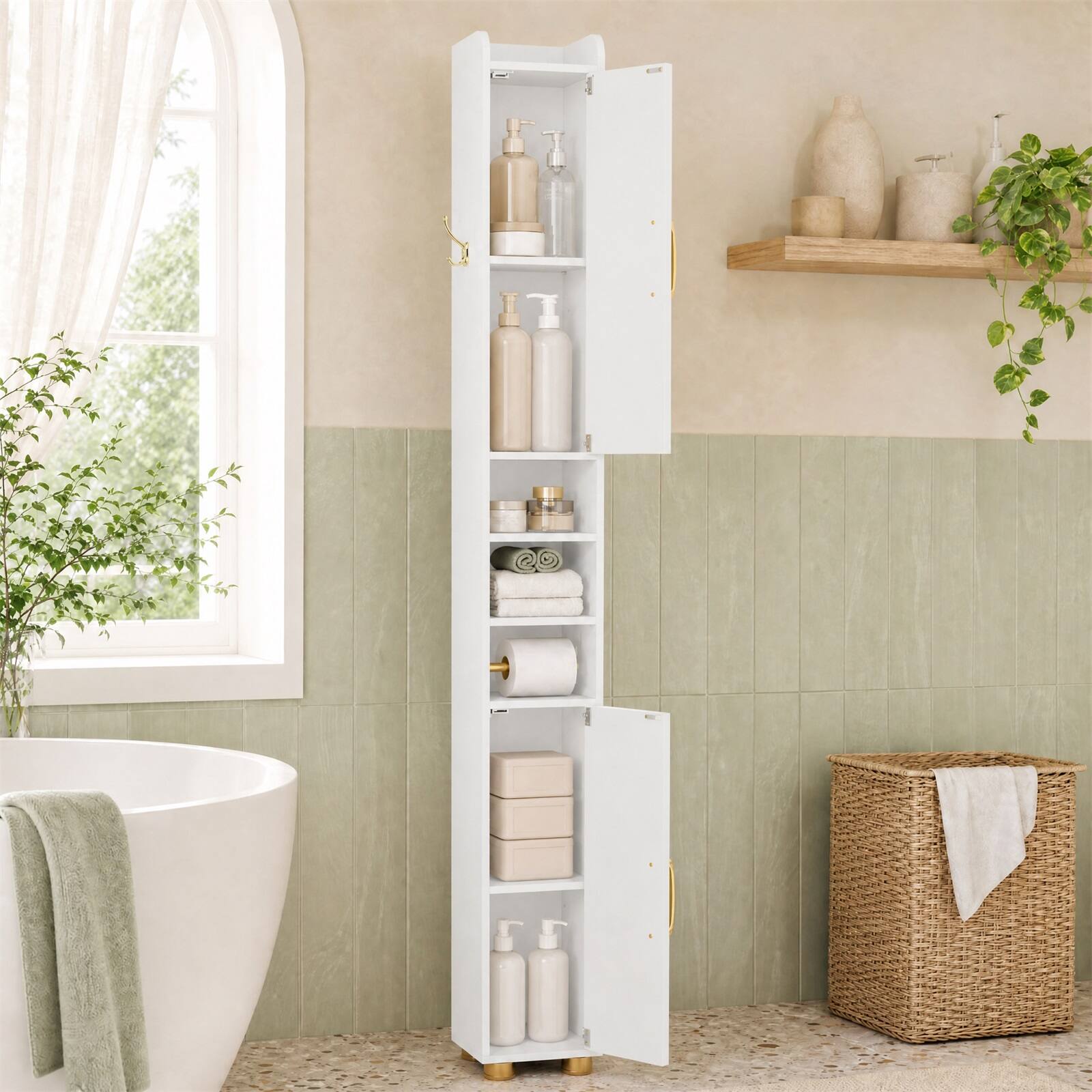 Alt View 4. Costway - Costway 2 PCS Narrow Bathroom Storage Cabinet with Doors 2 Open Shelves Toilet Paper Holder - White.