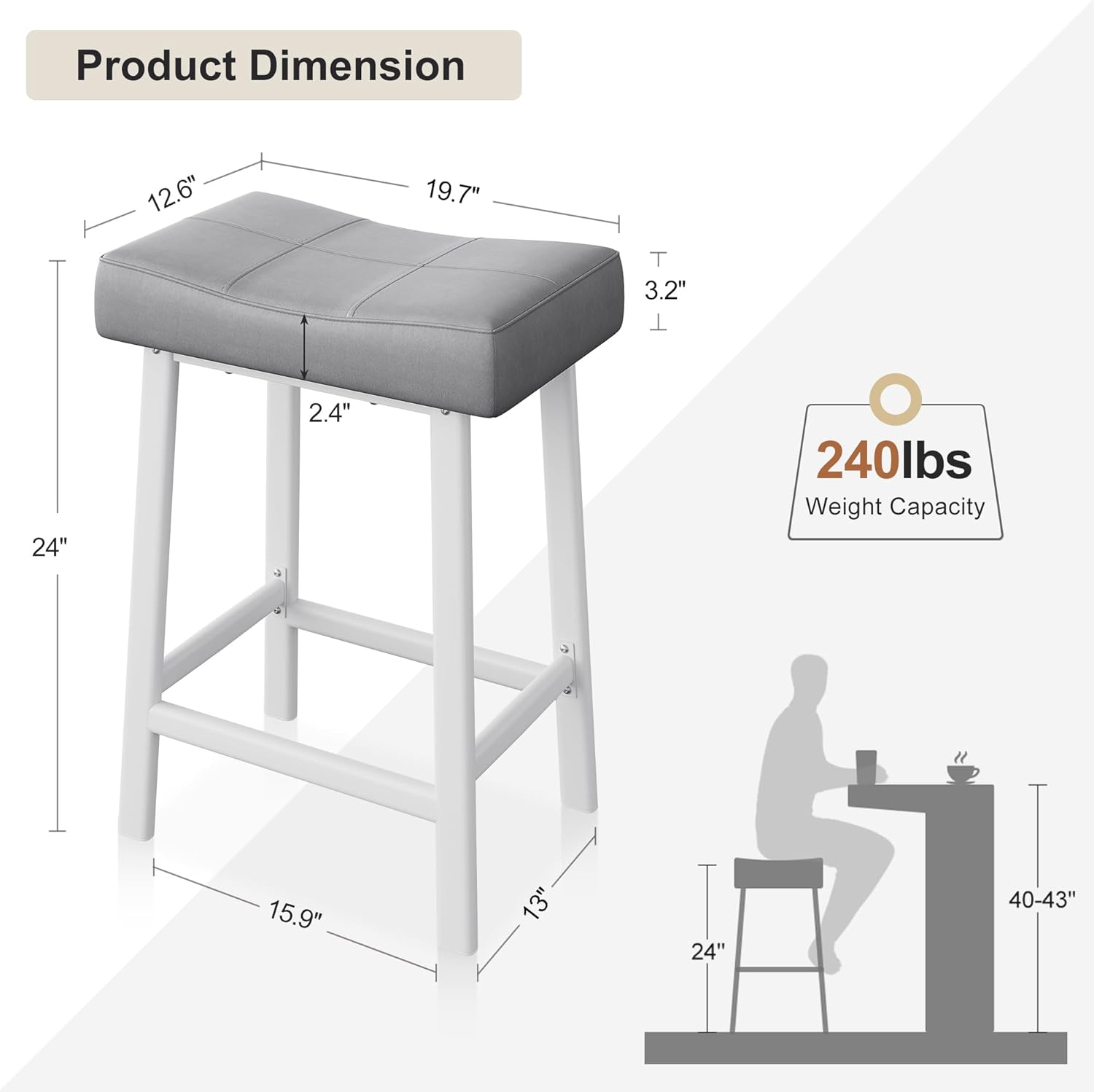 Product Dimension  
12.6" x 19.7" x 3.2"  
24" x 15.9" x 13"  
2.4"  
240lbs Weight Capacity  
40-43"
