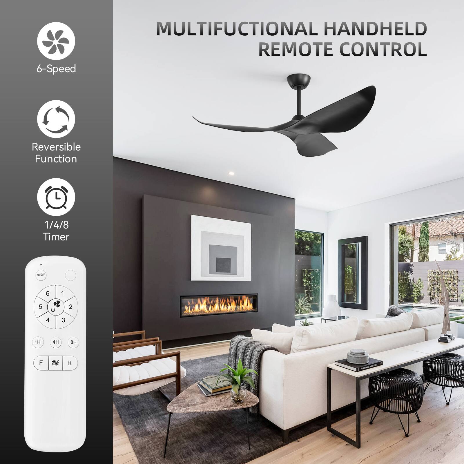 6-Speed MULTIFUNCTIONAL HANDHELD REMOTE CONTROL  
Reversible Function  
1/4/8 Timer