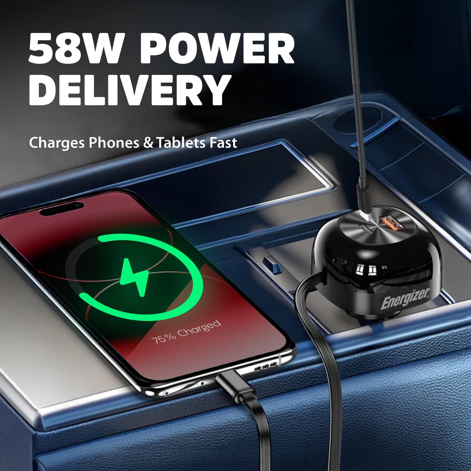 58W POWER DELIVERY  
Charges Phones & Tablets Fast  
75% Charged  
Energizer