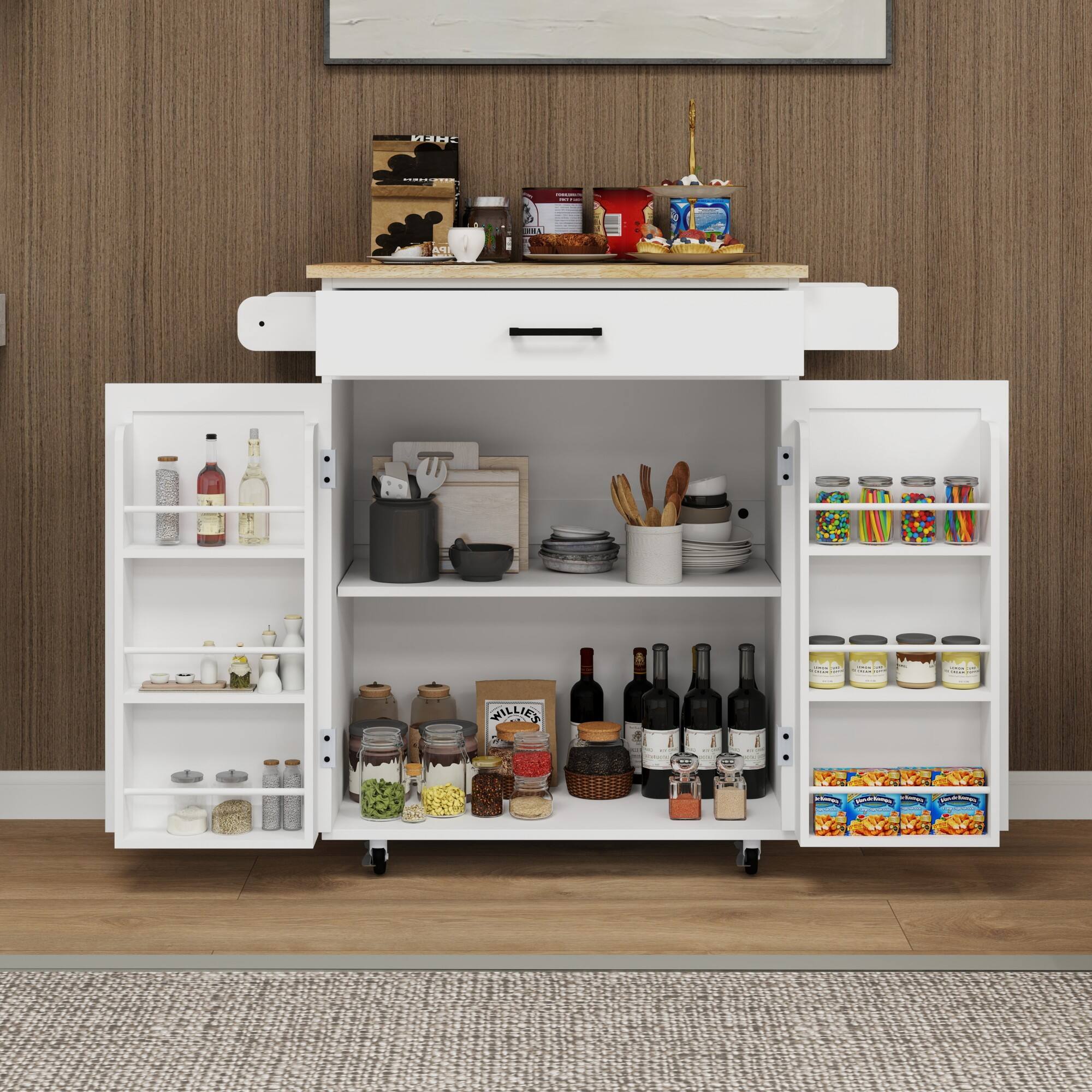 Alt View 5. Ecooso - Kitchen island rolling trolley cart，1 drawer & 2 doors，storage racks & Adjustable Shelves & towel rack & seasoning rack - White.