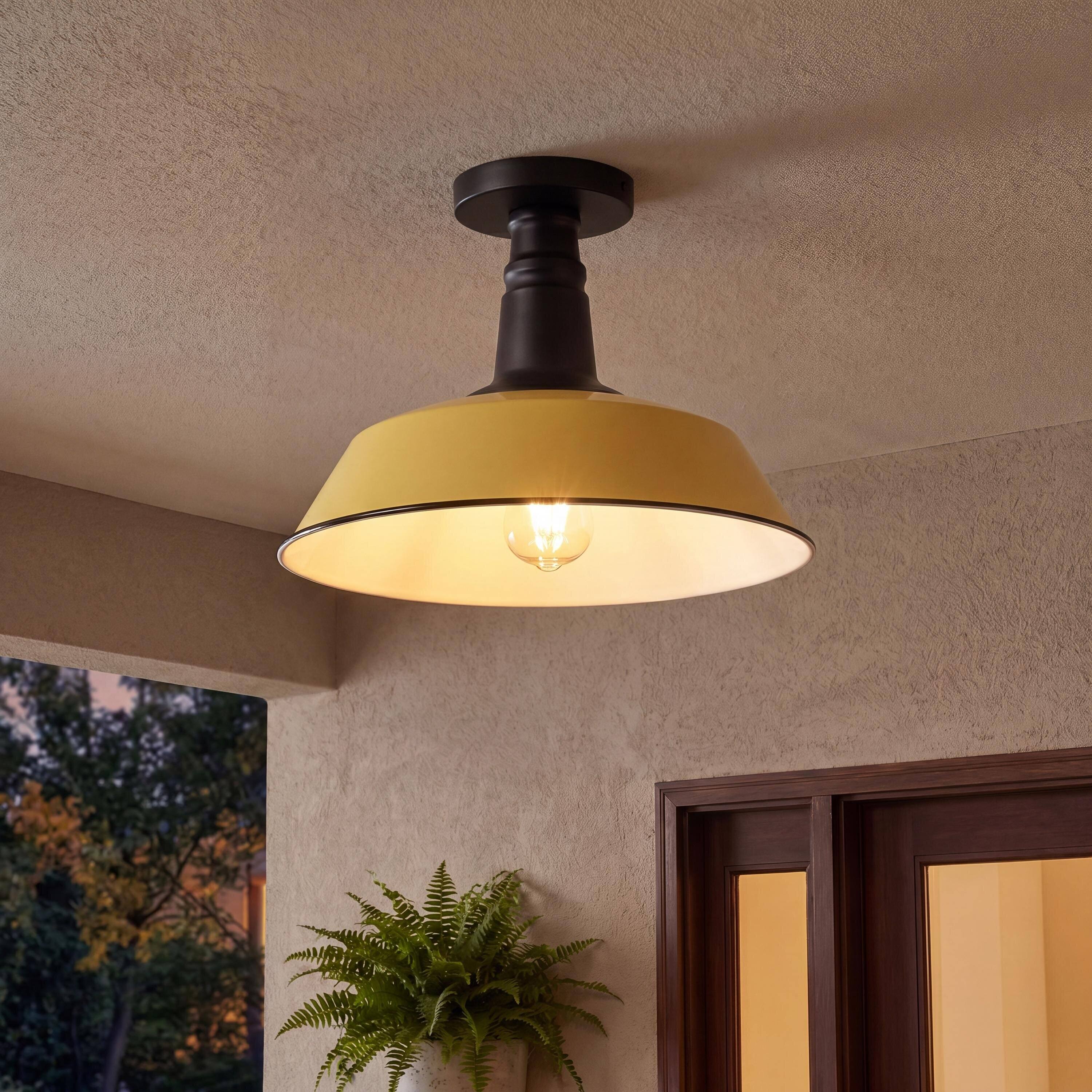 Alt View 1. Jonathan Y - Camila 14" 1-Light Classic Industrial Indoor/Outdoor Iron LED Semi Flush Mount, Matte Yellow - Matte Yellow/Black.
