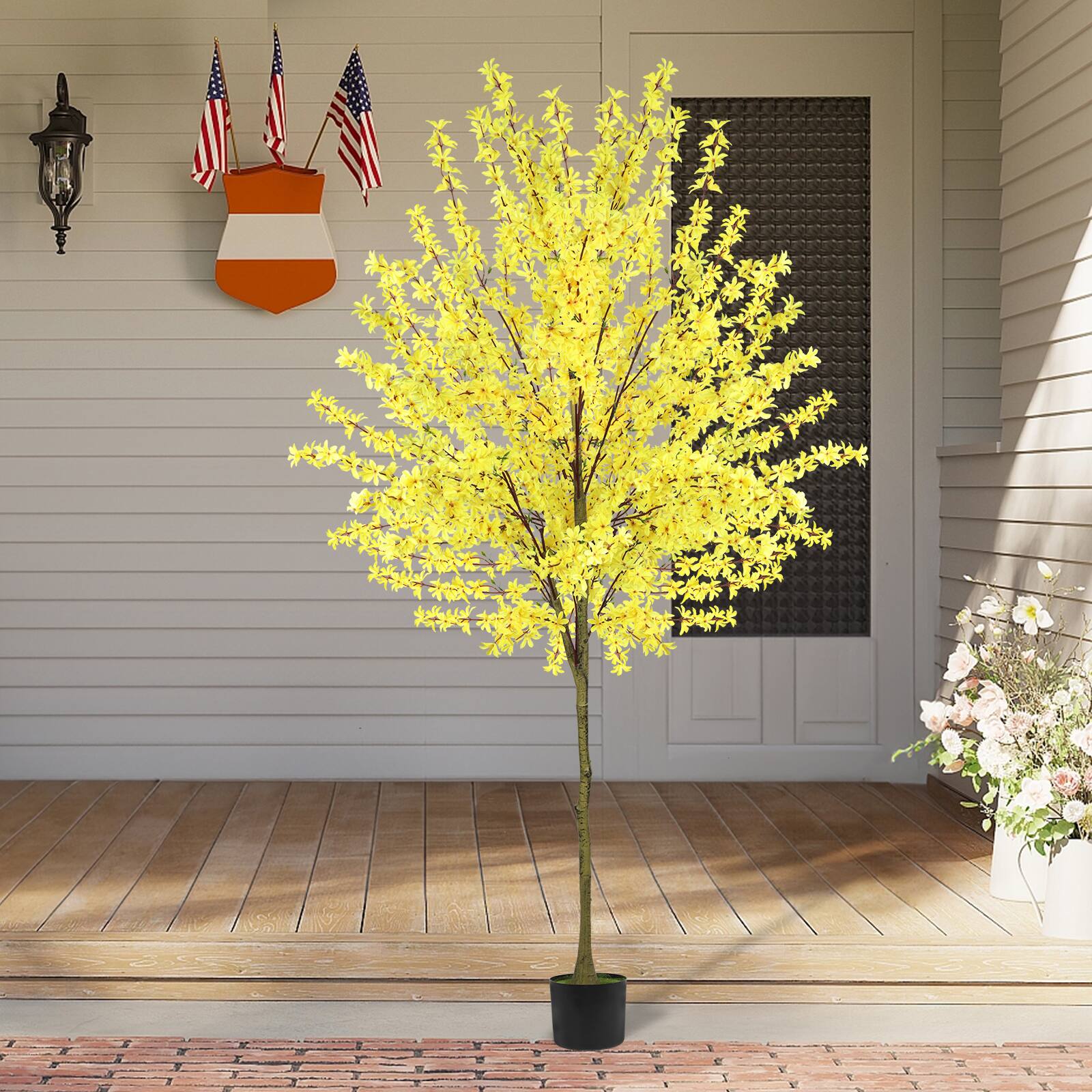 Alt View 1. Oumilen - 6ft Artificial Yellow Forsythia Tree in Black Pot - Yellow.