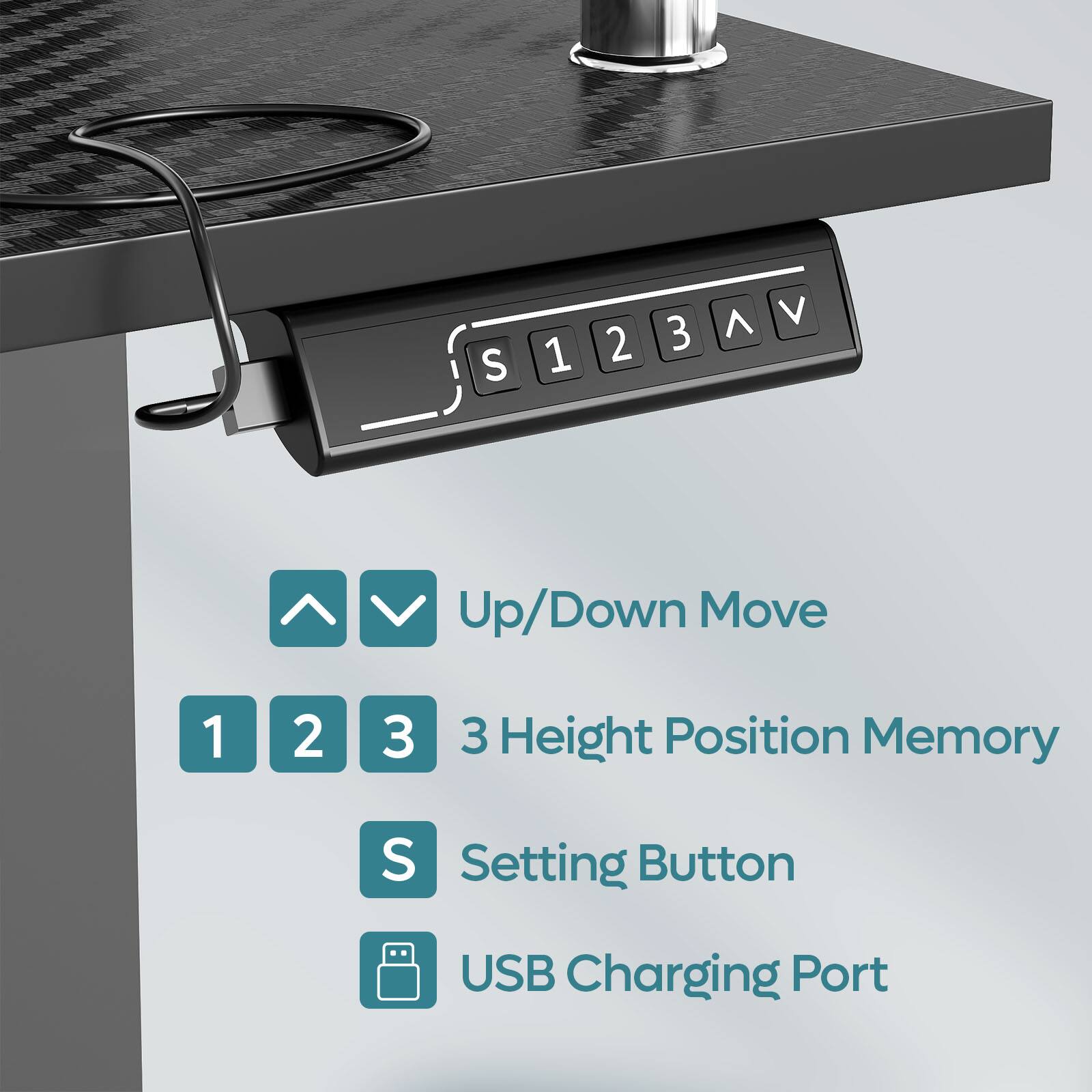 The text on the image is grouped as follows:

1. Up/Down Move: 1 2 3
2. 3 Height Position Memory: 1 2 3
3. S Setting Button: S
4. USB Charging Port: USB Charging Port