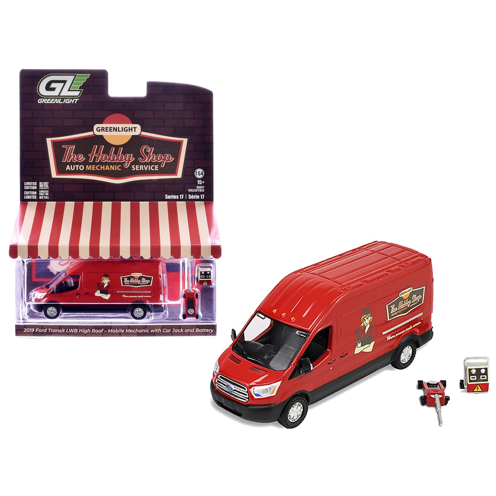 2019 Ford Transit LWB High Roof Van Red with Car Jack and Battery 1/64 Diecast Model Car by Greenlight