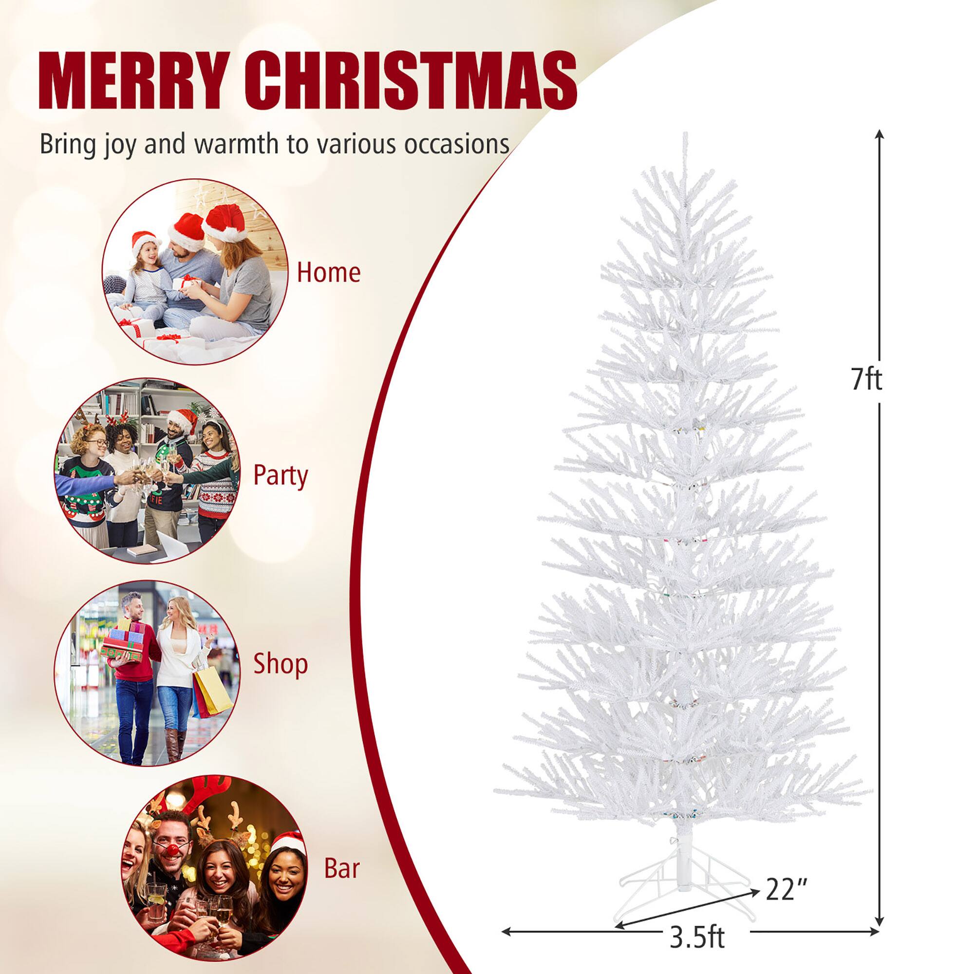 MERRY CHRISTMAS  
Bring joy and warmth to various occasions  

Home  
Party  
Shop  
Bar  

7ft  
3.5ft  
22"