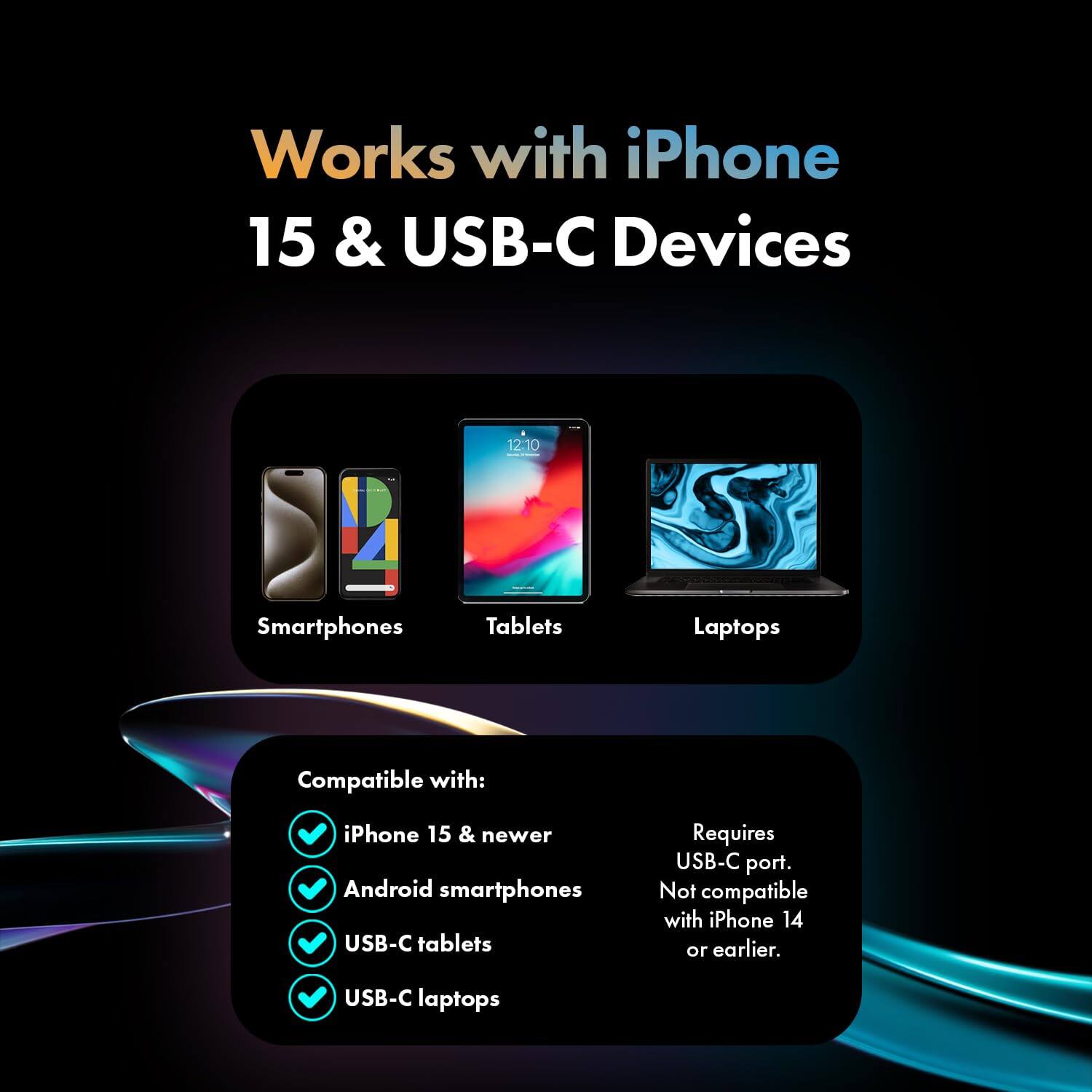 Works with iPhone 15 & USB-C Devices

12:10

Smartphones
Tablets
Laptops

Compatible with:
- iPhone 15 & newer
- Android smartphones
- USB-C tablets
- USB-C laptops

Requires USB-C port. Not compatible with iPhone 14 or earlier.