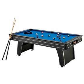 Left. SlickBlue - 7 Foot Blue Top Pool Table with 2 Cues and Billiard Balls Set - Blue, Black.