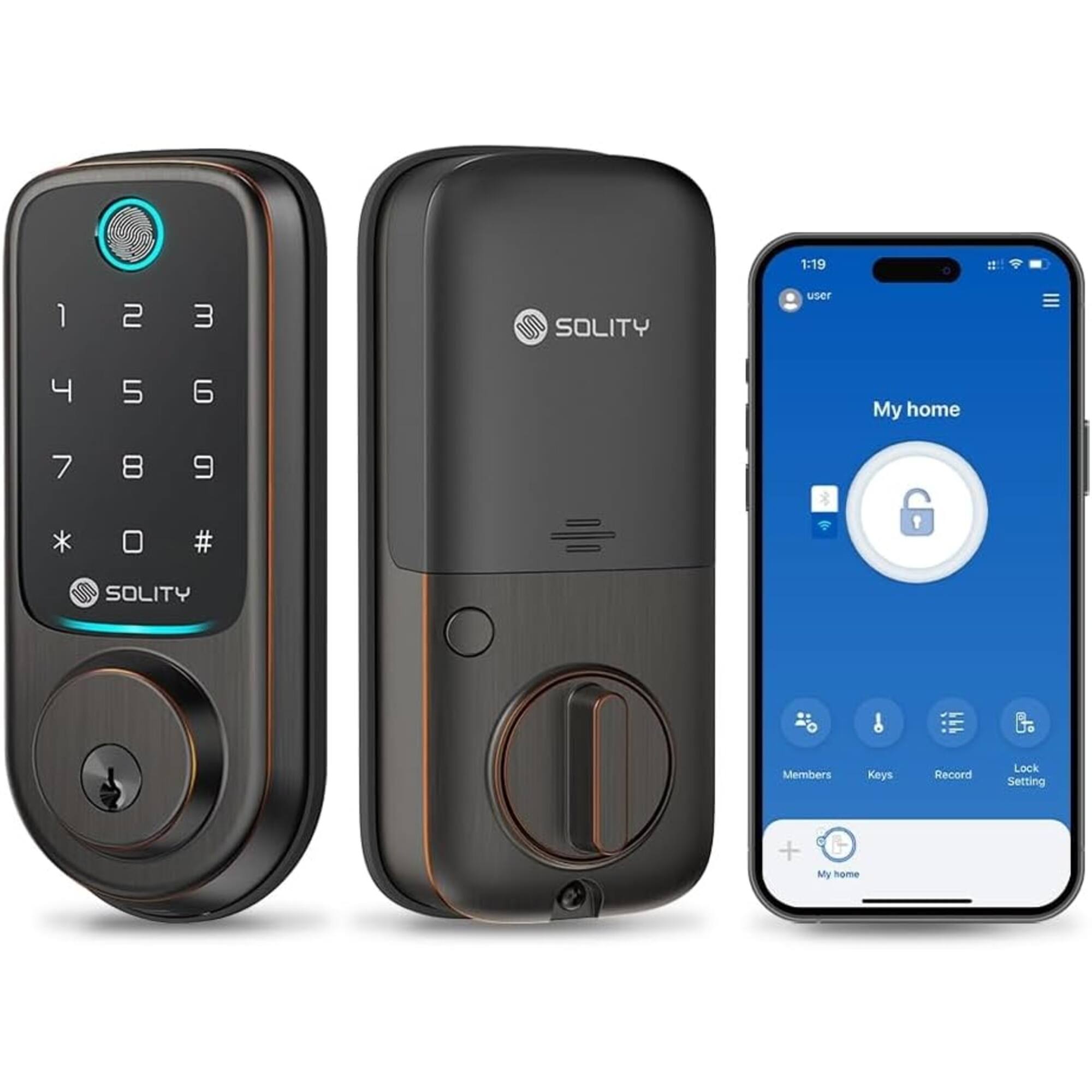 1:19
123
SOLITY
user
456
My home
7 8 9 0 #
6
SOLITY
Members
Keys
Record
Lock Setting
+
My home