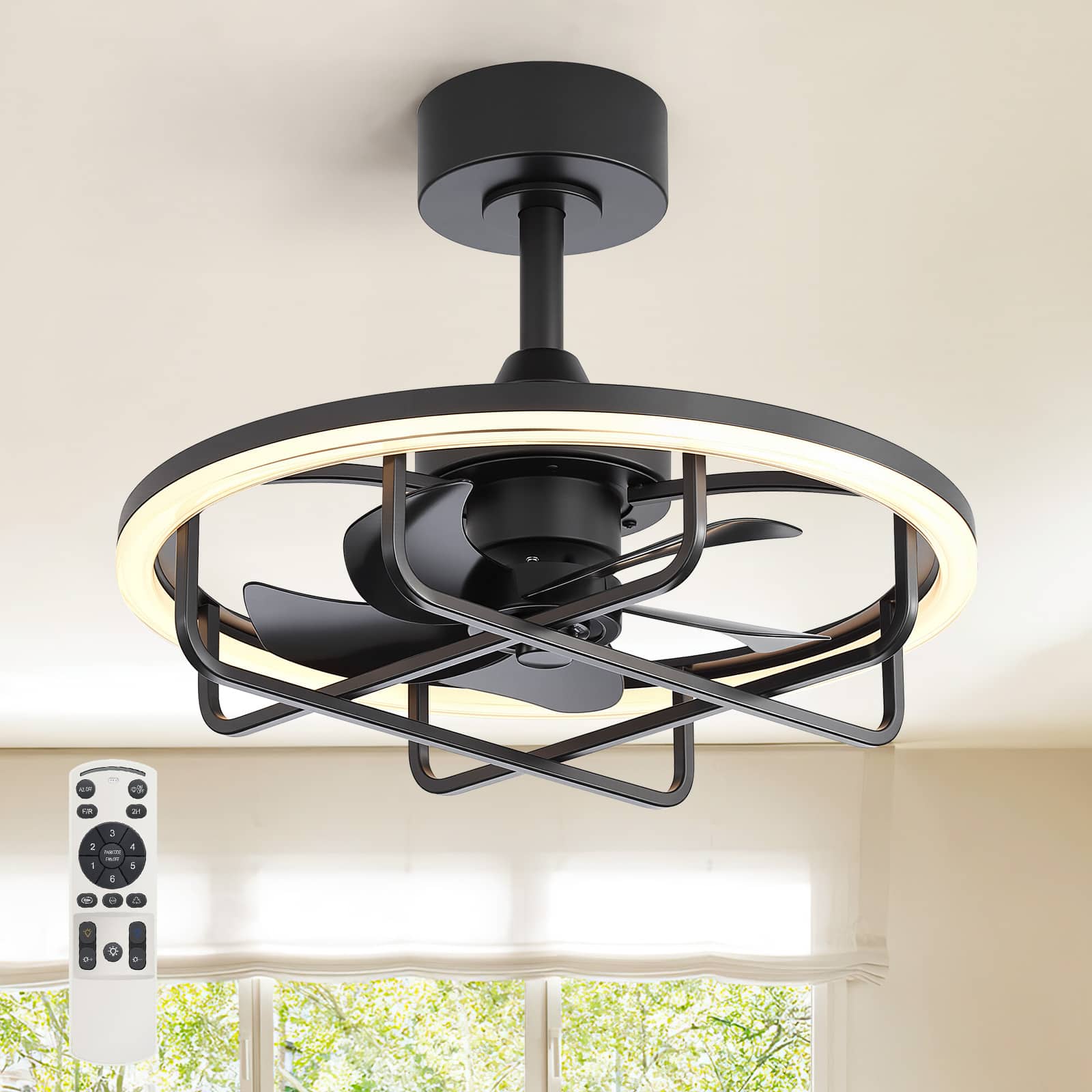 Breezary - 20-Inch Caged Ceiling Fan with Acrylic Shade, Dimmable RGB LED, 6-Speed Remote, Timer, Downrod, DC Motor - 20-Inch Black Cage Ceiling Fan