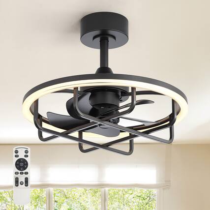 Front. Breezary - 20-Inch Caged Ceiling Fan with Acrylic Shade, Dimmable RGB LED, 6-Speed Remote, Timer, Downrod, DC Motor - 20-Inch Black Cage Ceiling Fan.