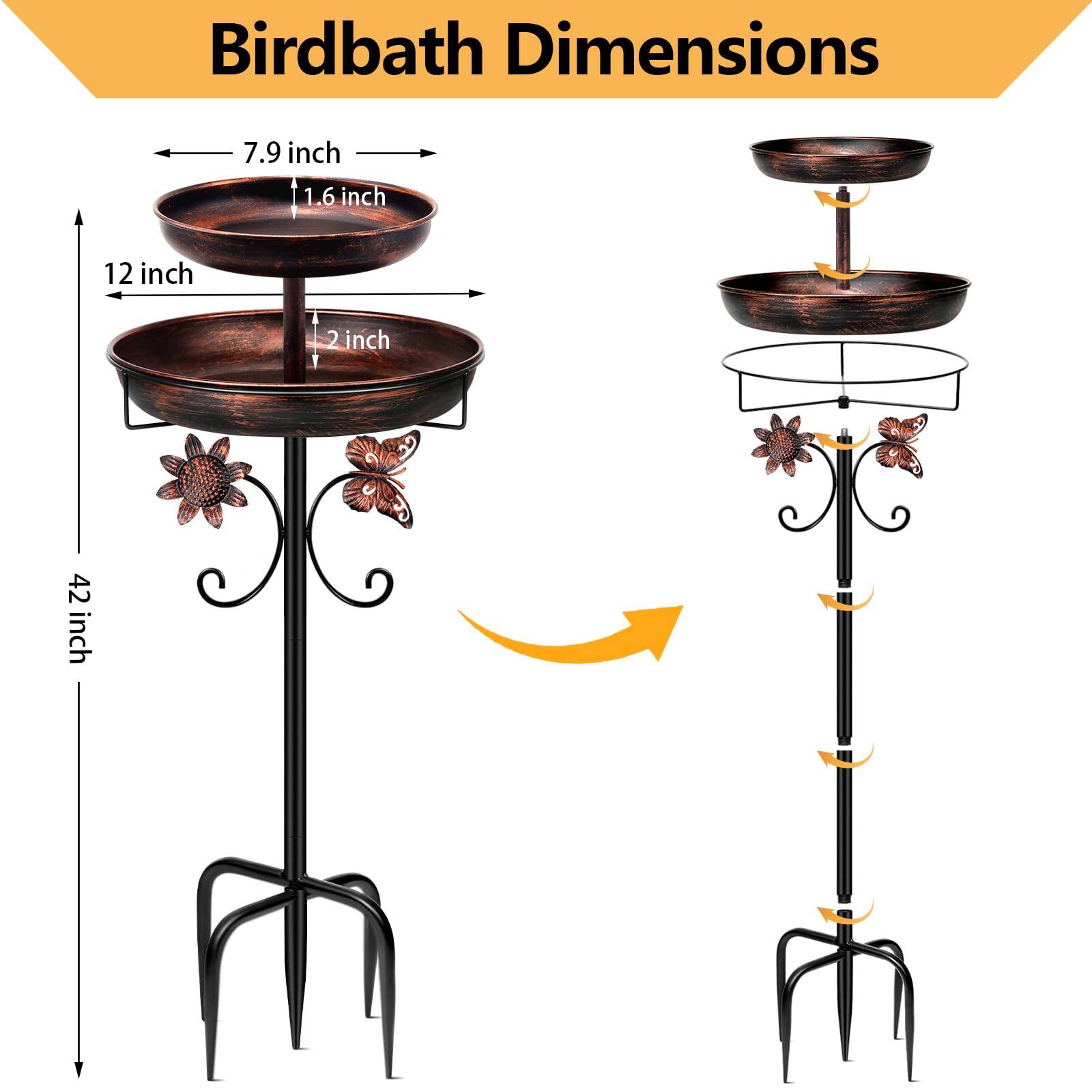 Birdbath Dimensions

- Top basin diameter: 7.9 inch
- Top basin depth: 1.6 inch
- Middle basin diameter: 12 inch
- Middle basin depth: 2 inch
- Total height: 42 inch