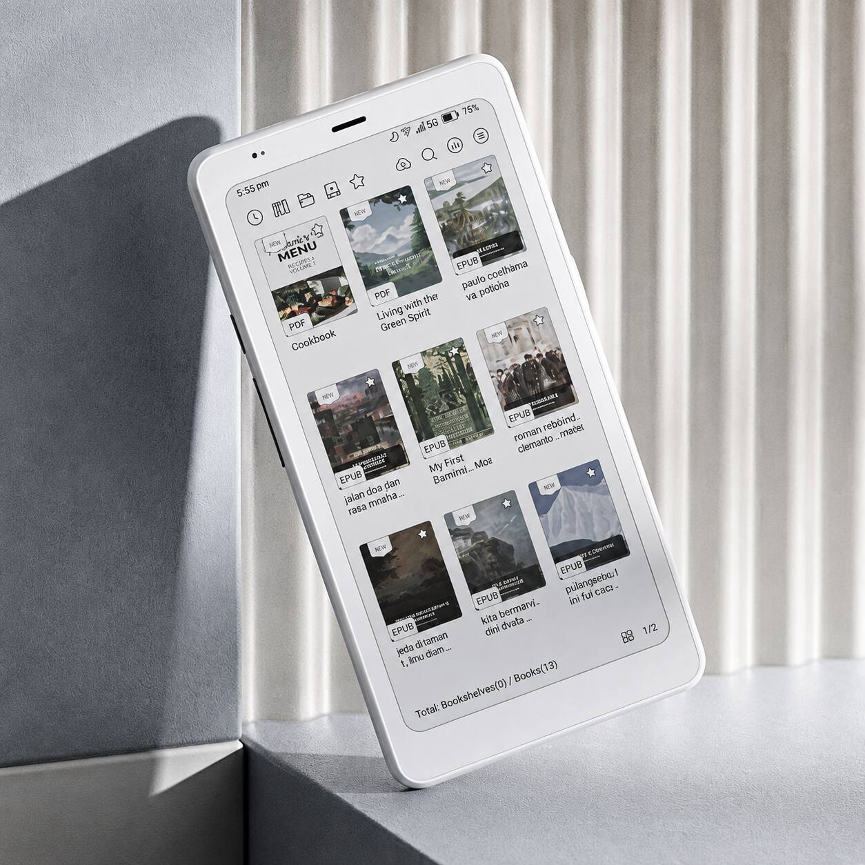 75% 5G III IN  
pm NDA 5:55 NEW ame Y  
MENU RECIPES SHE EPUB VOLUME  
coelho paulo potinha PDF the va Living with PDF Green Spirit Cookbook  
NEW PRESIANES EPUB reboind..  
roman mater EPUB clemanto My First EPUB dan Bamiri...  
jalan doa rasa mnaha... PER  
Devenweise EPUB SERVING pulangsebul EPUB fui cace- ini kita bermarvi.  
dvata... EPUB inib 88 1/2 jeda ditaman diam...  
t, imu Books(13) Total: Bookshelves(0),