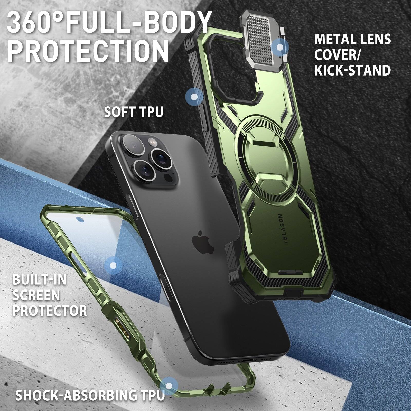 360° FULL-BODY PROTECTION

- METAL LENS COVER/KICK-STAND
- SOFT TPU
- BUILT-IN SCREEN PROTECTOR
- SHOCK-ABSORBING TPU