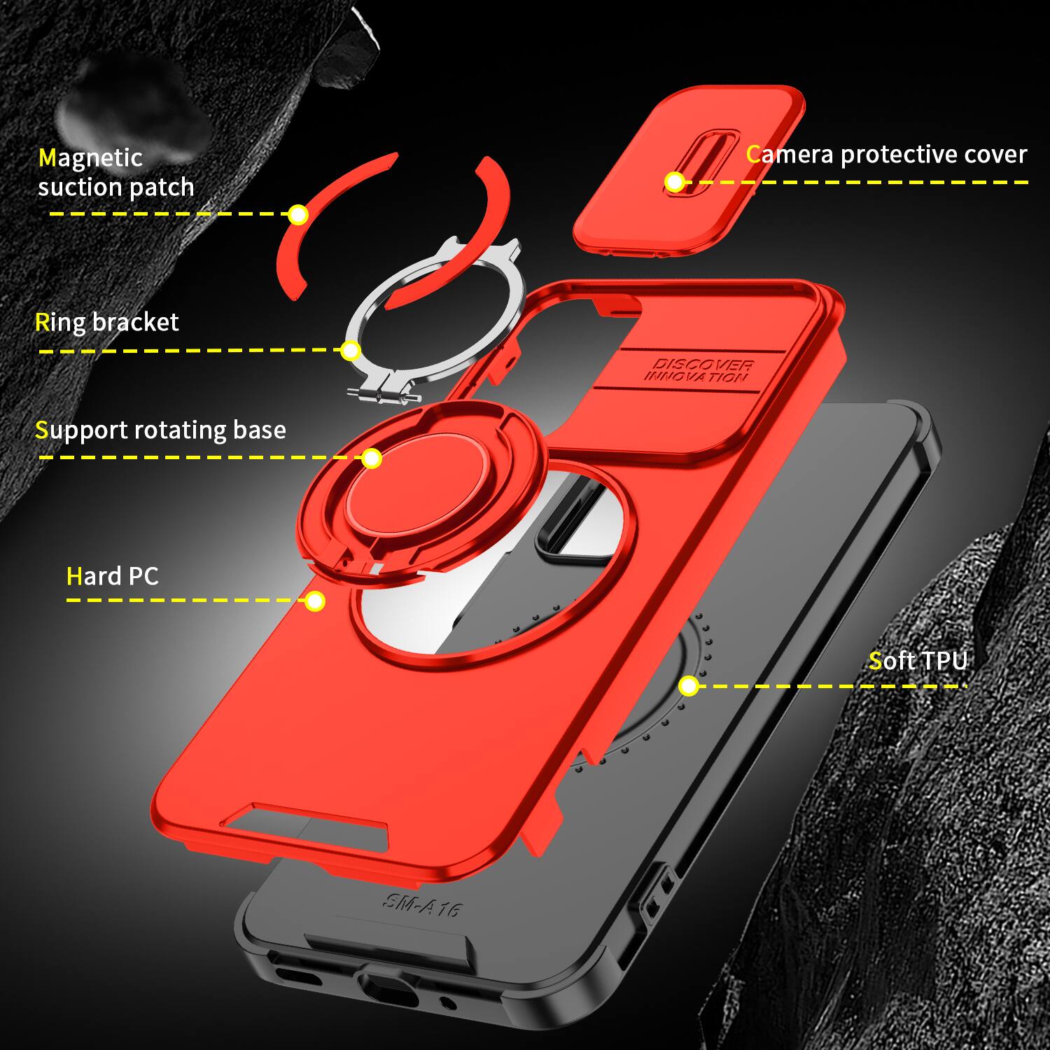 Magnetic suction patch  
Camera protective cover  
Ring bracket  
Support rotating base  
Hard PC  
Soft TPU  
SM-A16