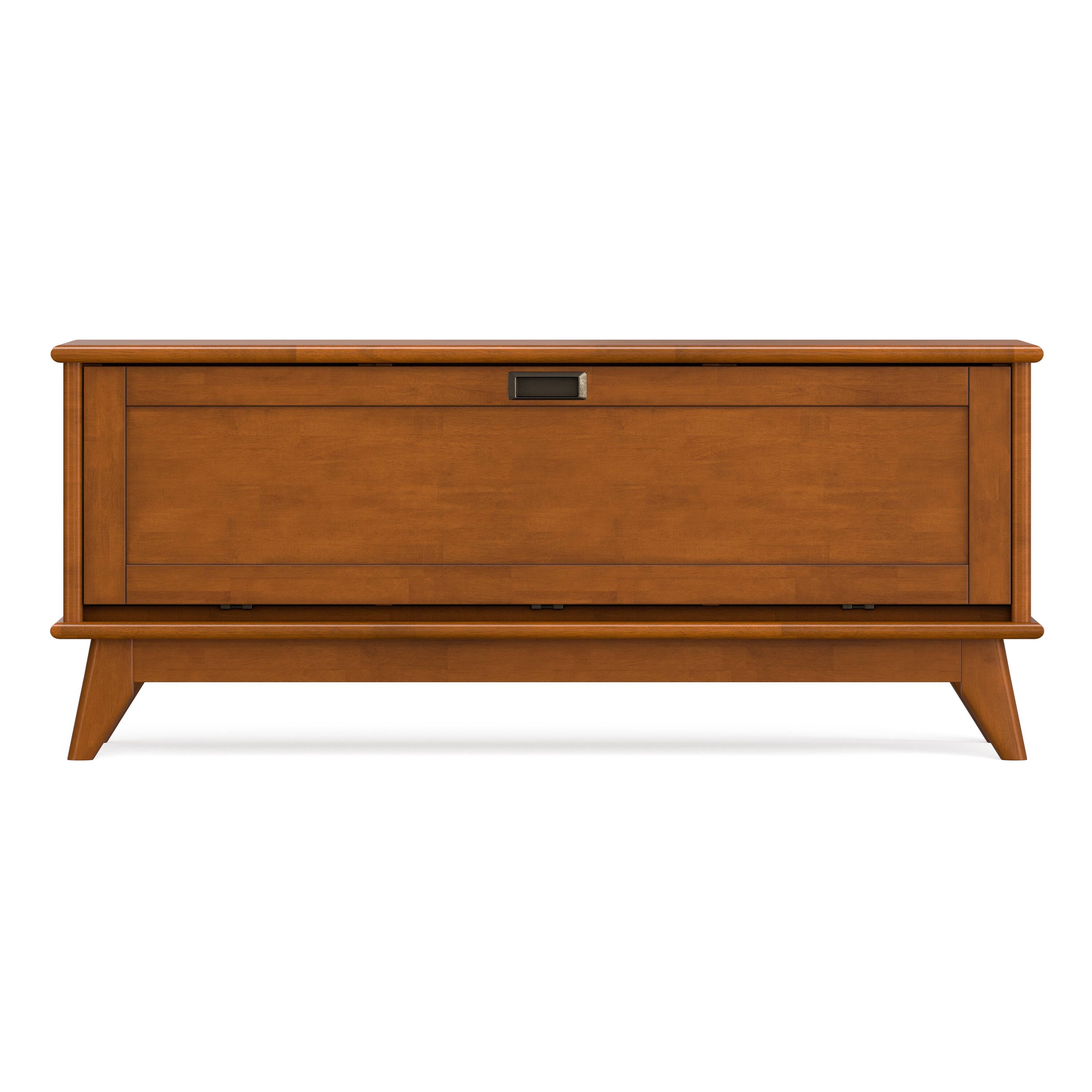 Angle. Simpli Home - Draper 44 inch Wide Solid Wood Mid Century Flip-Down Storage Bench in Teak Brown - Teak Brown.