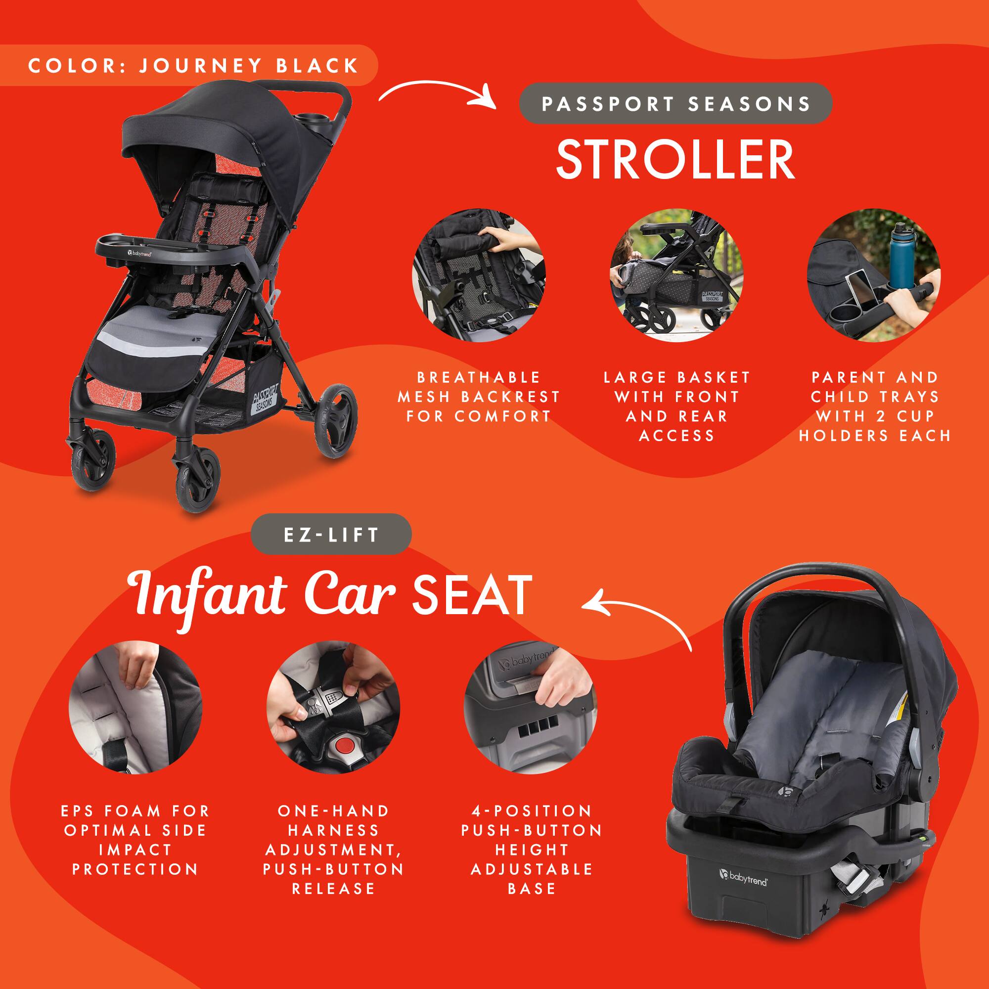 COLOR: JOURNEY BLACK

PASSPORT SEASONS STROLLER

- BREATHABLE MESH BACKREST FOR COMFORT
- LARGE BASKET WITH FRONT AND REAR ACCESS
- PARENT AND CHILD TRAYS WITH 2 CUP HOLDERS EACH

EZ-LIFT

Infant Car SEAT

- EPS FOAM FOR OPTIMAL SIDE IMPACT PROTECTION
- ONE-HAND HARNES ADJUSTMENT, PUSH-BUTTON RELEASE
- 4-POSITION HEIGHT ADJUSTABLE BASE