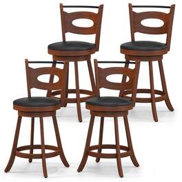 Gymax - Set of 4 360° Swivel Bar Stools Dining Chairs Rubber Wood Leather Padded Seat Brown & Black - Brown, Black