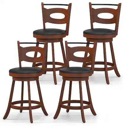 Front. Gymax - Gymax Set of 4 360° Swivel Bar Stools Dining Chairs Rubber Wood Leather Padded Seat Brown & Black - Brown, Black.