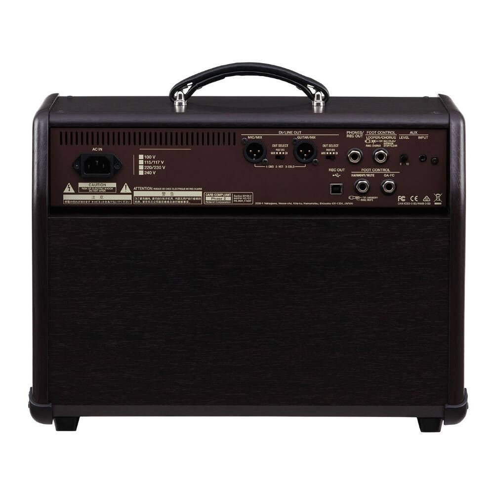 Sure, here is the corrected and grouped text from the image:

---

**AC IN**

- 100 V
- 110/115 V
- 220/230 V
- 240 V

**CAUTION**

- ATTENTION: RISK DE CHOC ELECTRIQUE ET D'ÉLECTROCUTION
- 注意: 電気ショックの危険があります

**MIX/OUT**

- PHONES / FOOT CONTROL
- AUX
- REC OUT
- PHONES OUT
- MIX OUT
- AUX OUT
- LEVEL INPUT

**OUT SELECT**

- MIX OUT
- PHONES OUT
- AUX OUT
- REC OUT

**FOOT CONTROL**

- HARMONIZER
- GA-14C

**CABLE COMPLIANCE**

- CE
- FCC

**MADE IN JAPAN**

---

This text is organized based on the labels and sections visible on the device.