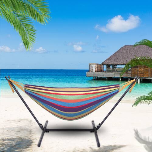 Alt View 3. Winado - Hammock Set 9 FT Heavy Duty with Steel Stand, Portable Carrying Bag for Garden Indoor Outdoor Patio Deck Yard Beach - Rainbow Stripes.