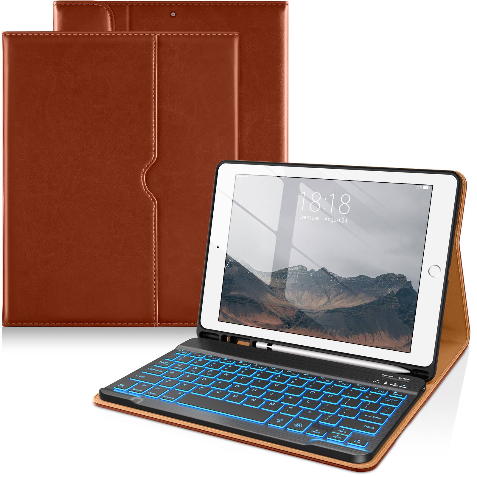 DTTO - Case for iPad 10.2" (7th/8th/9th Gen) Case with Detachable Backlit Keyboard, Pencil Holder & Pocket - Brown