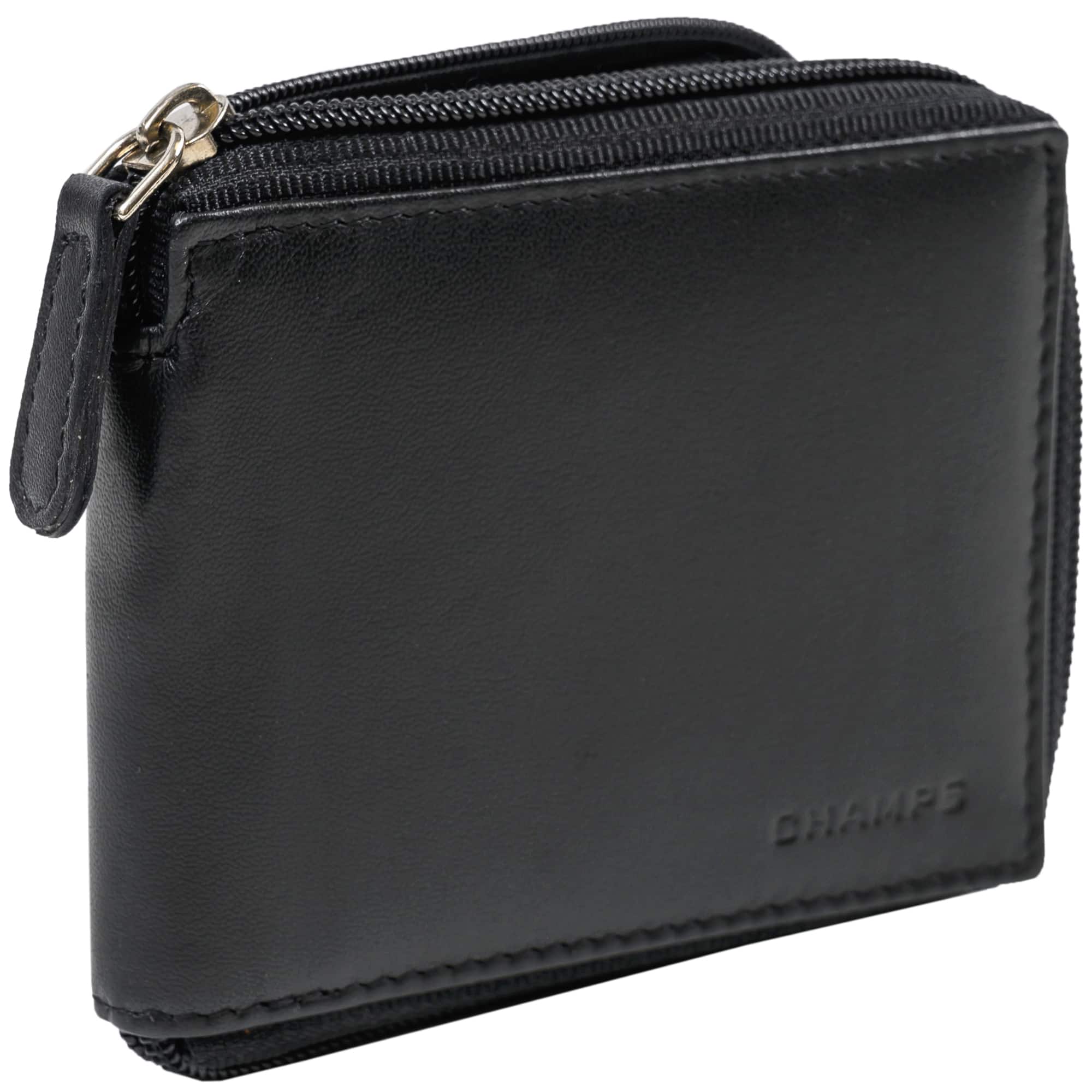 Front. Champs - Classic Collection Leather Zip-Around Wallet - Black.
