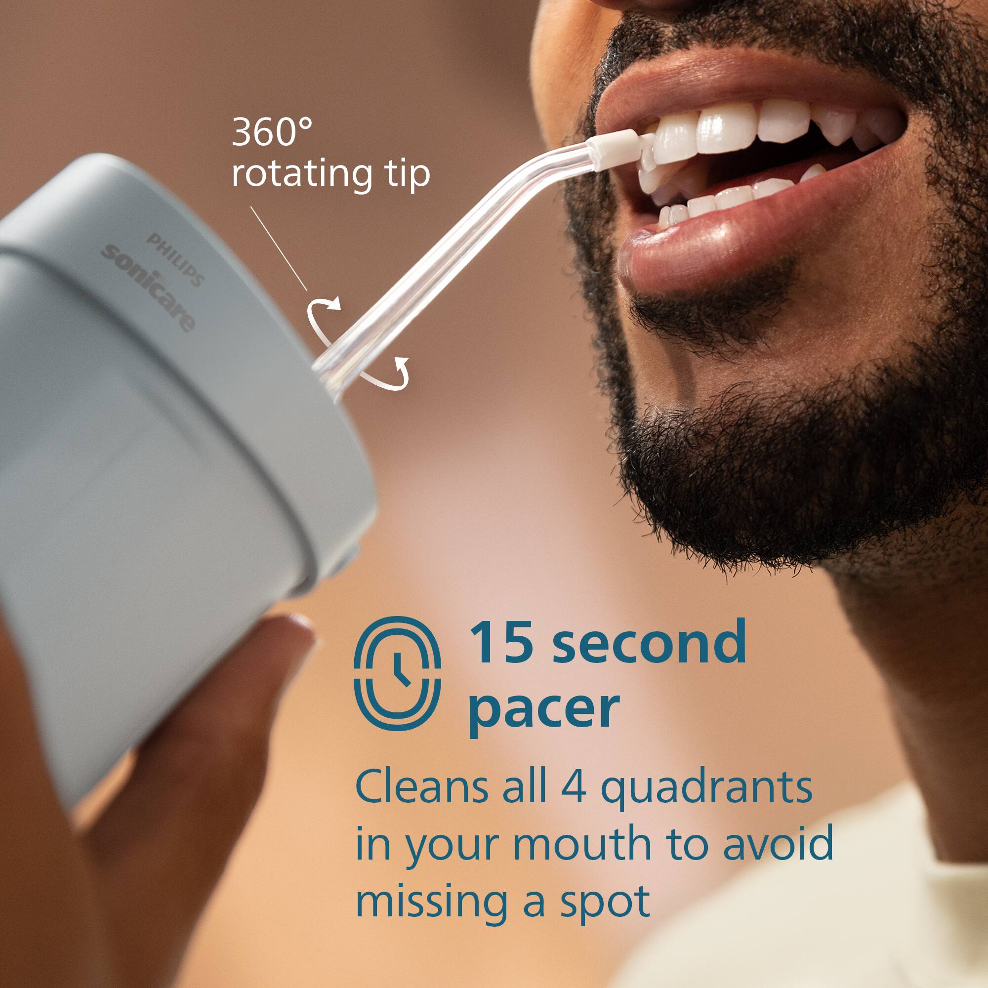 360° rotating tip

15 second pacer

Cleans all 4 quadrants in your mouth to avoid missing a spot