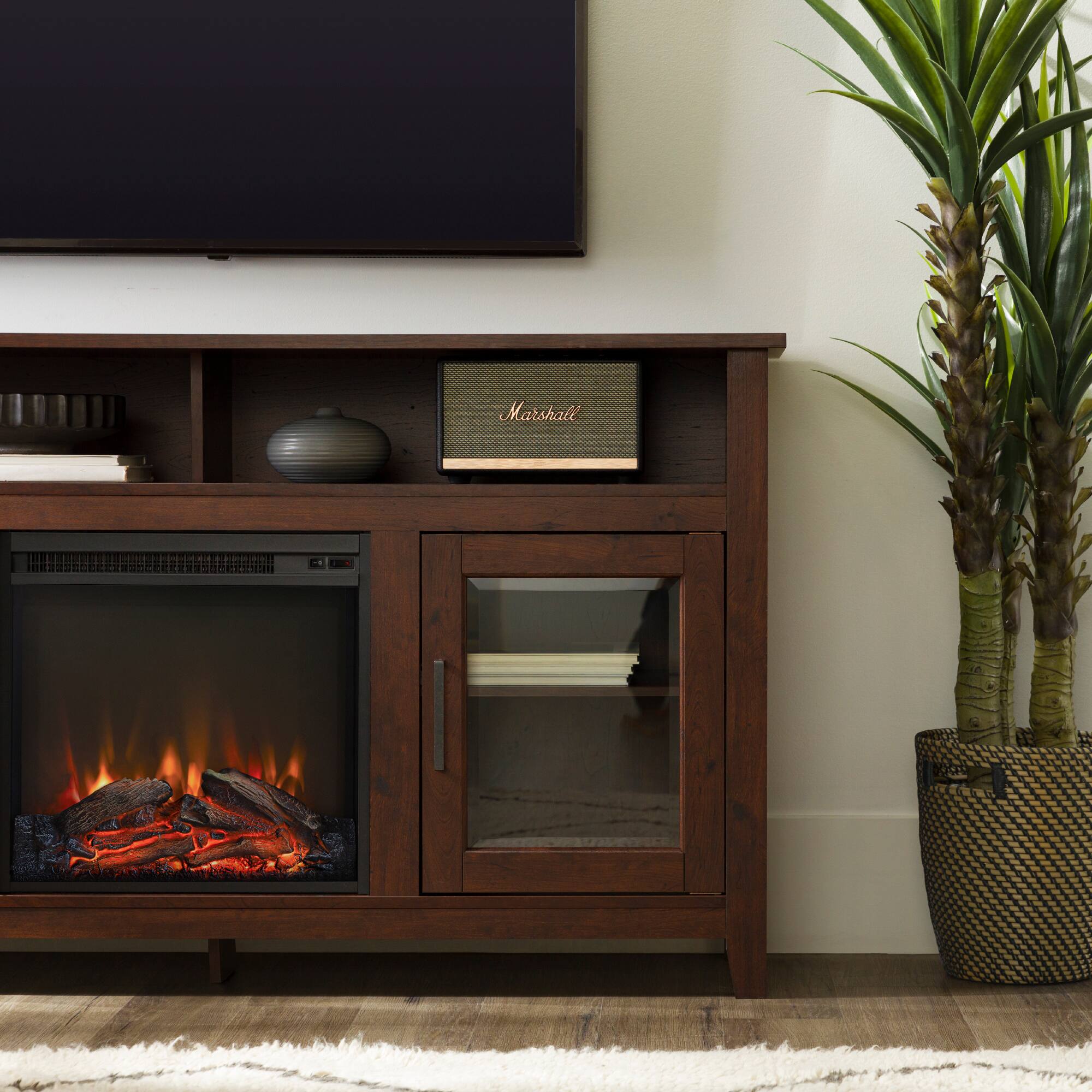 Best Buy Walker Edison 58 Tall Glass Two Door Soundbar Storage Fireplace TV Stand for Most TVs Up to 65 Traditional Brown BB58FP18HBTB