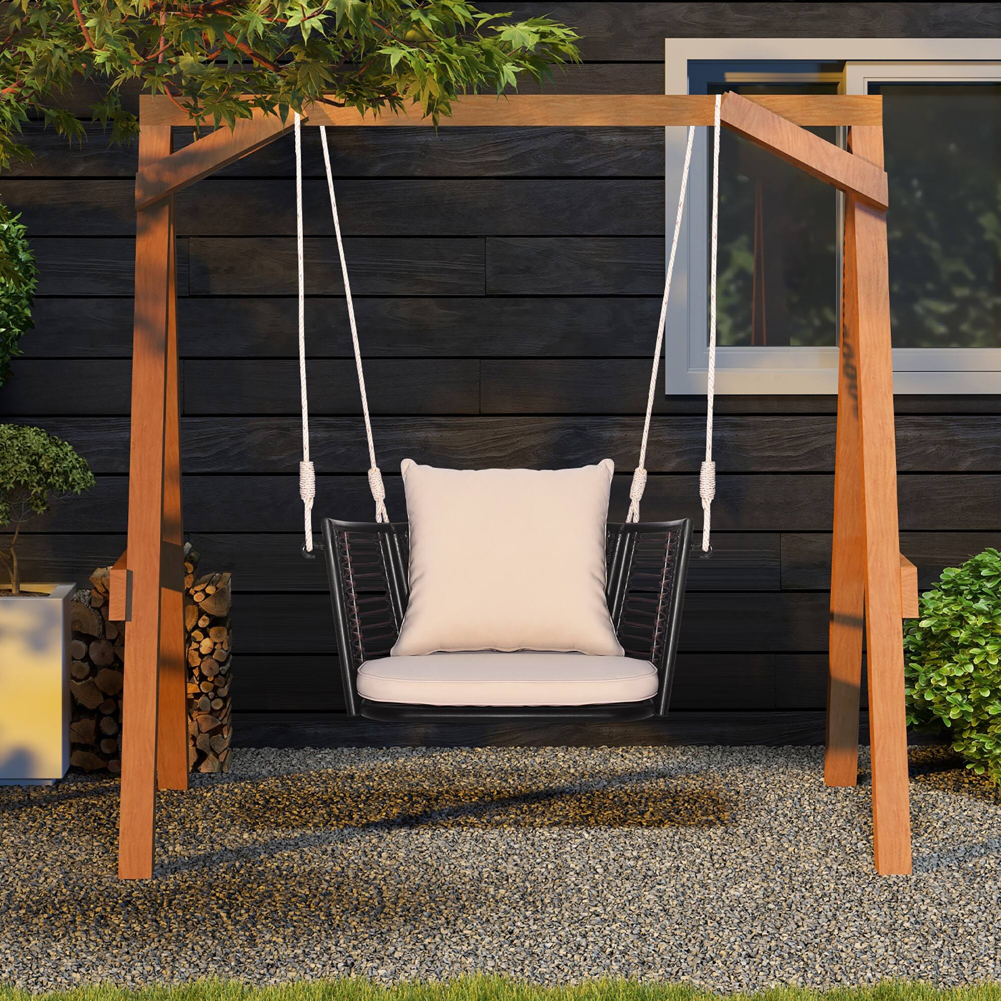 Alt View 4. Gymax - Gymax Outdoor Metal Porch Swing Single Person Hanging Seat w/ Woven Rattan Backrest Porch Backyard - Mix Brown, Beige.