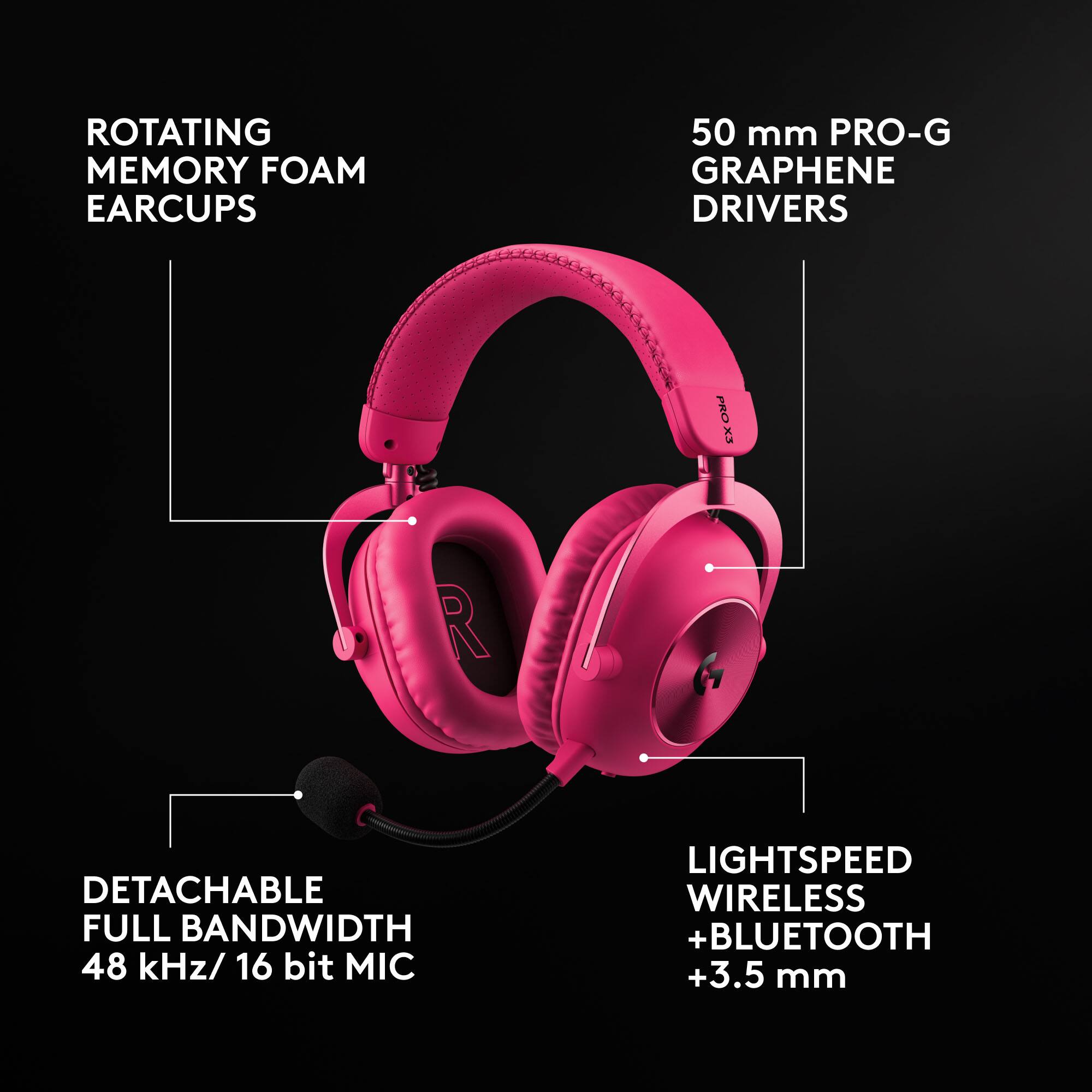 ROTATING MEMORY FOAM EARCUPS  
50 mm PRO-G GRAPHENE DRIVERS  
PRO X3  
DETACHABLE FULL BANDWIDTH 48 kHz/ 16 bit MIC  
LIGHTSPEED WIRELESS + BLUETOOTH + 3.5 mm