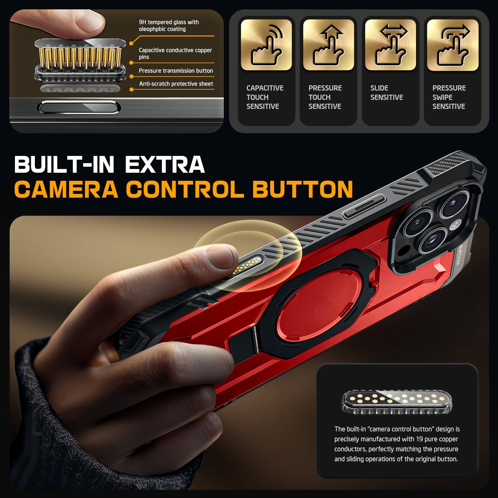 The text from the image can be grouped and corrected as follows:

**Features:**
- Tempered glass with oleophobic coating
- Capacitive conductive copper pins
- Pressure transmission button
- Anti-scratch protective sheet

**Sensitivity:**
- Capacitive touch sensitive
- Pressure touch sensitive
- Slide sensitive
- Pressure swipe sensitive

**Built-in Extra Camera Control Button:**
- The built-in "camera control button" design is precisely manufactured with 19 pure copper conductors, perfectly matching the pressure and sliding operations of the original button.