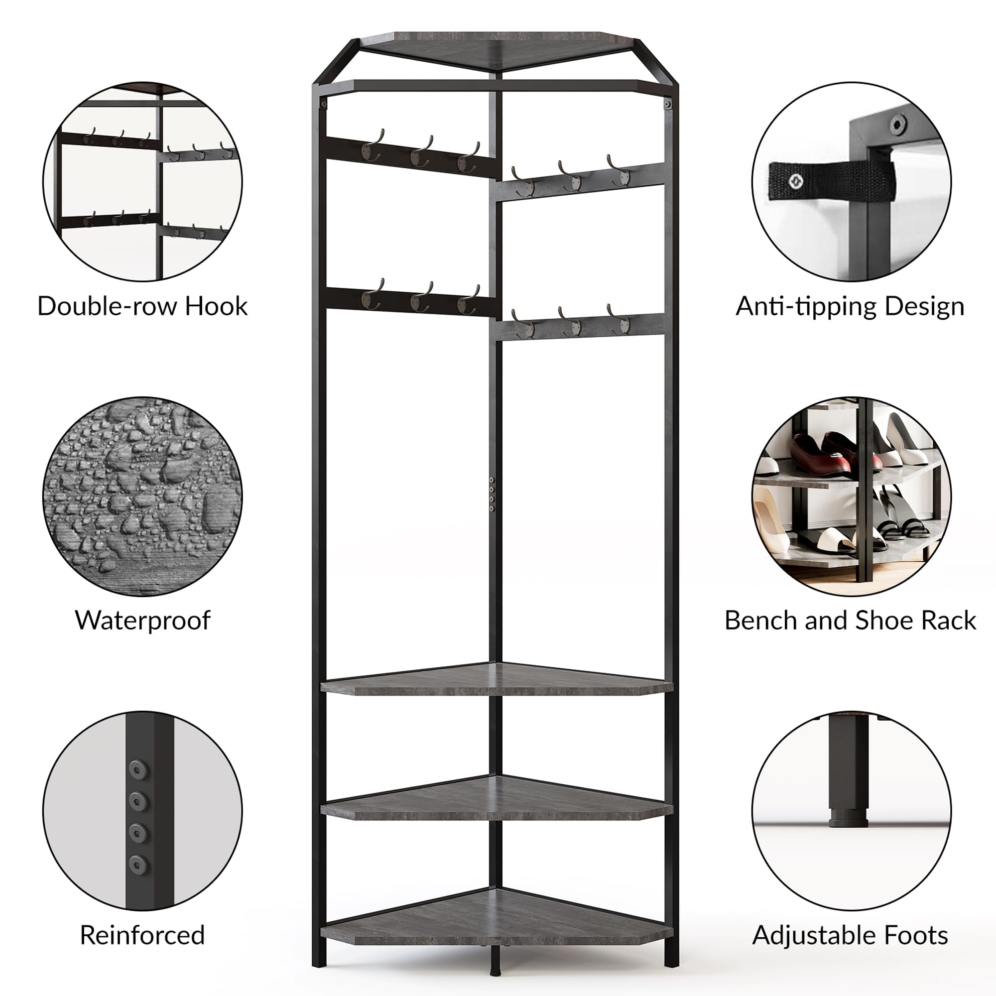 - Double-row Hook
- Anti-tipping Design
- Waterproof
- Bench and Shoe Rack
- Reinforced
- Adjustable Feet