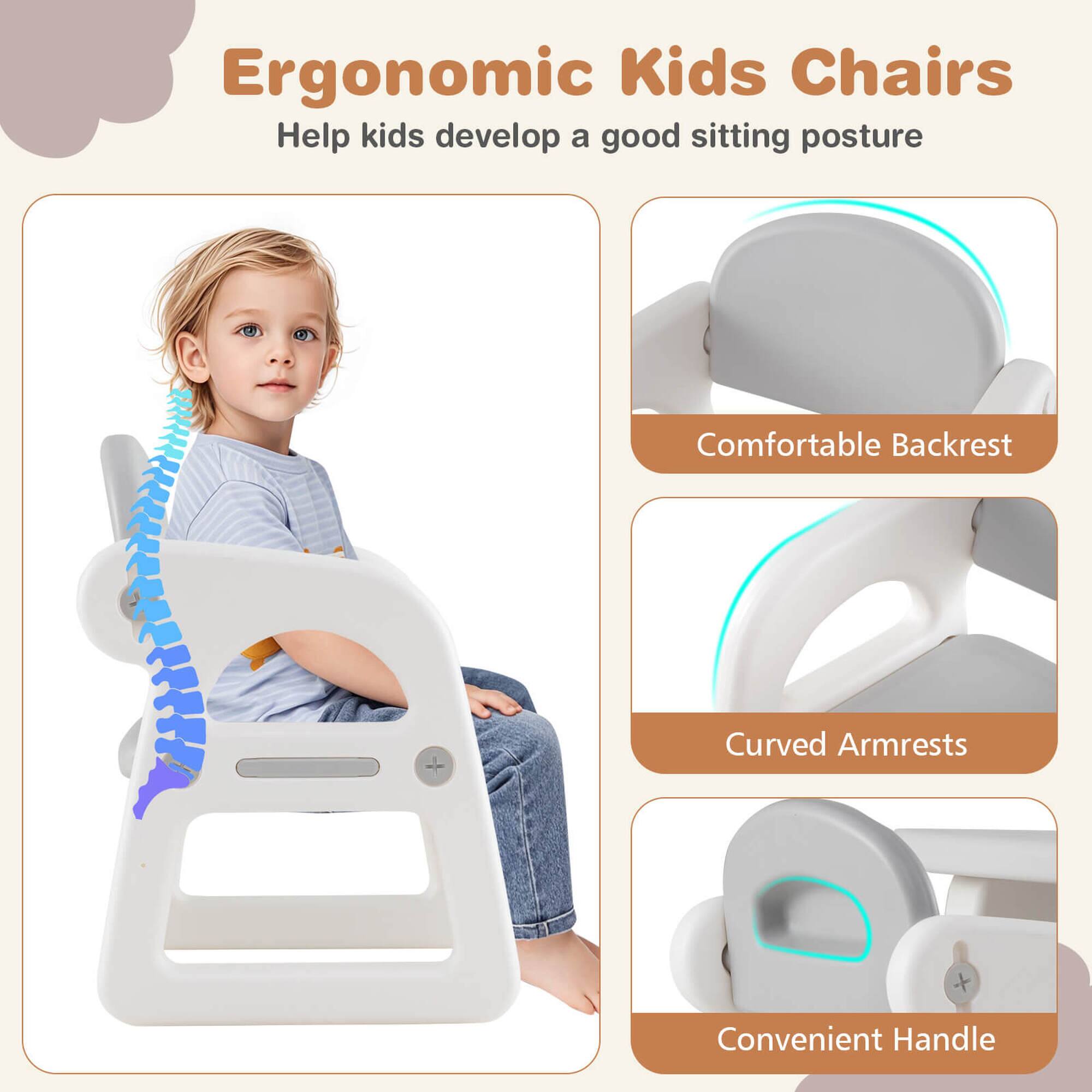 Ergonomic Kids Chairs  
Help kids develop a good sitting posture

- Comfortable Backrest
- Curved Armrests
- Convenient Handle