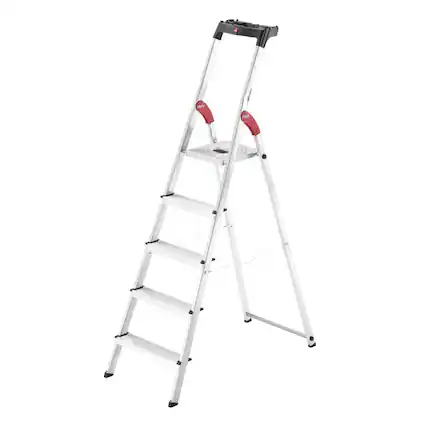 Front. Hailo - Hailo Folding Step Stool, 5 Step Ladder w/ Tray for Home & Kitchen, L60, Silver - Metal, Red & Black.